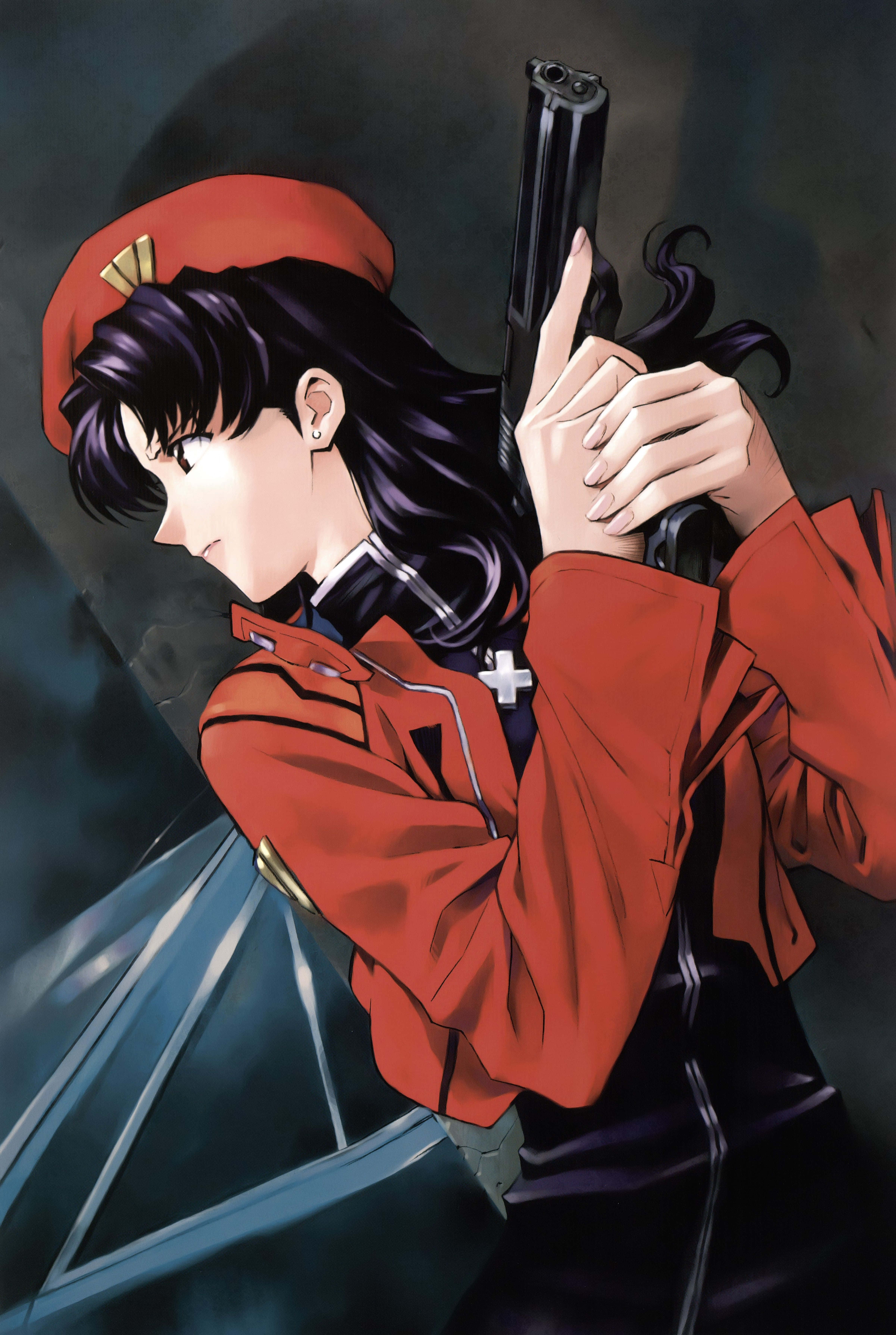 Misato Katsuragi, red uniform, beret, 5K Phone Wallpaper