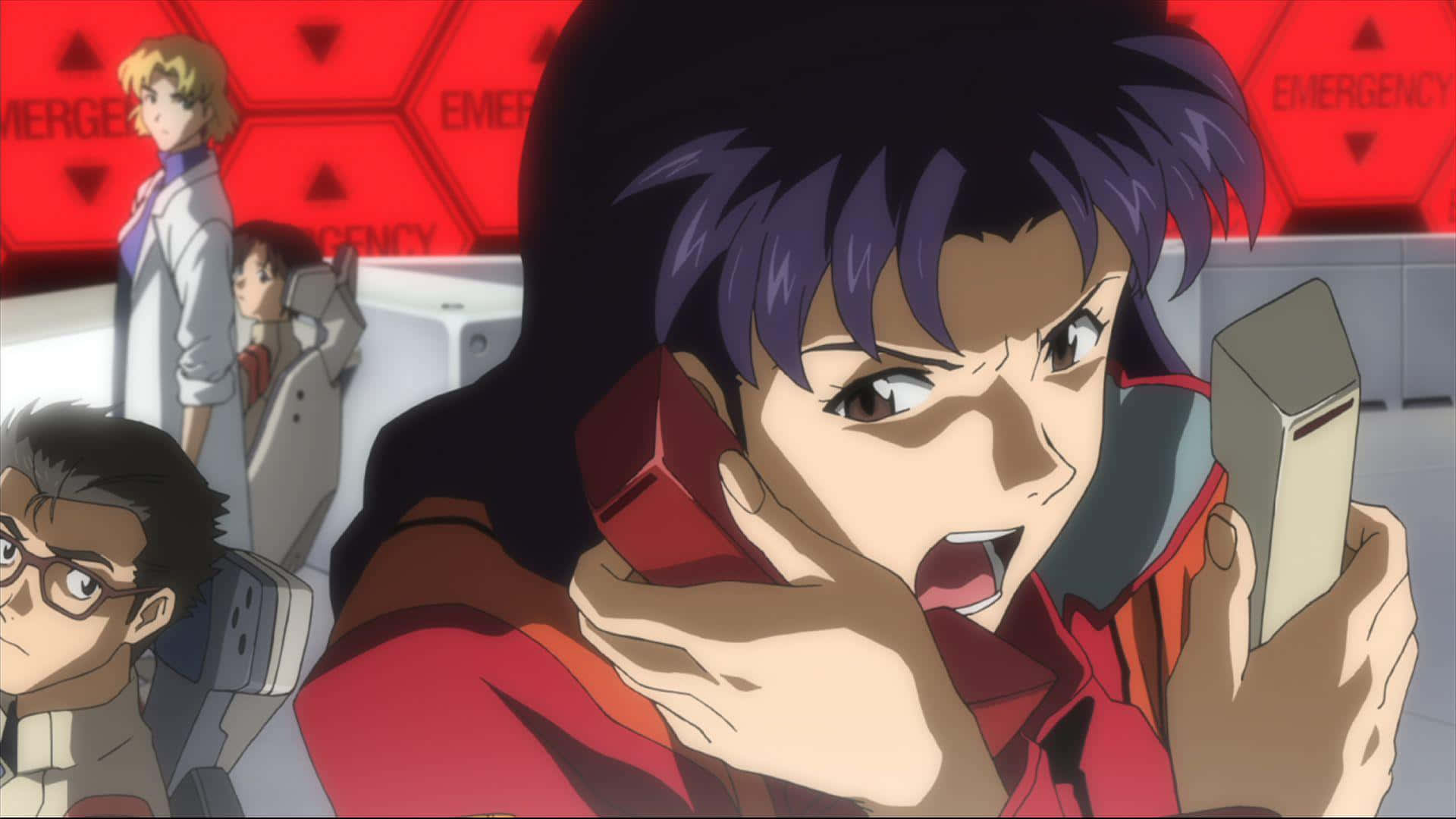 Misato Katsuragi, purple hair, red phone, Full HD Desktop Wallpaper