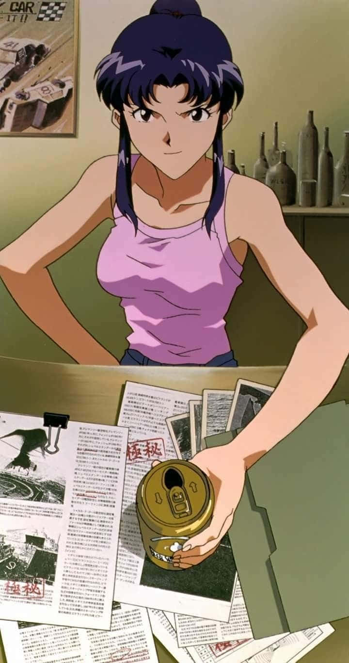 Misato Katsuragi, purple hair, gold can, HD Phone Wallpaper