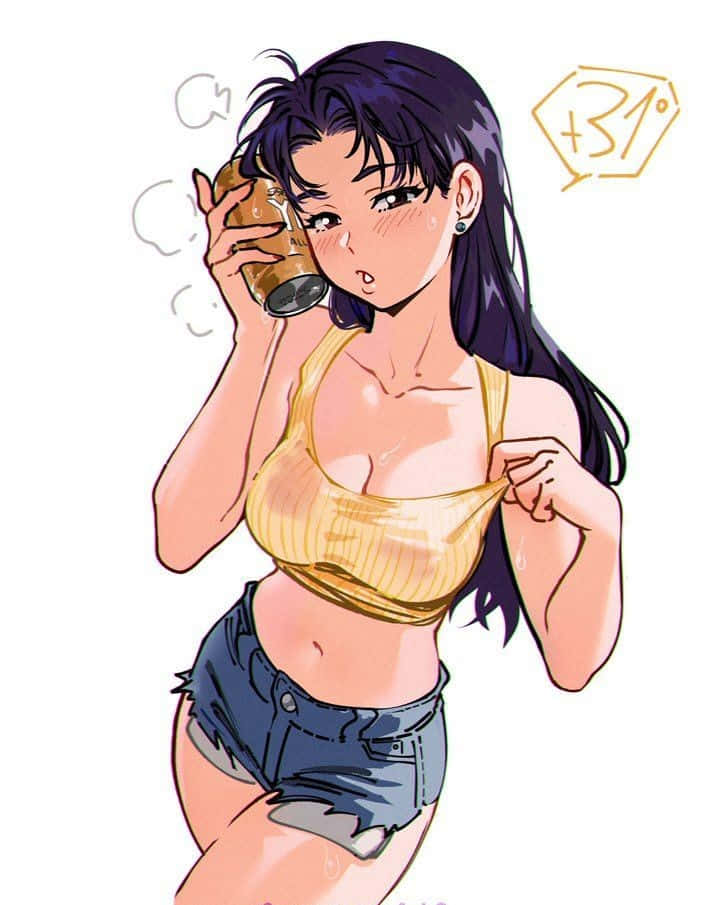 Misato Katsuragi, dark hair, yellow top, SD Phone Wallpaper
