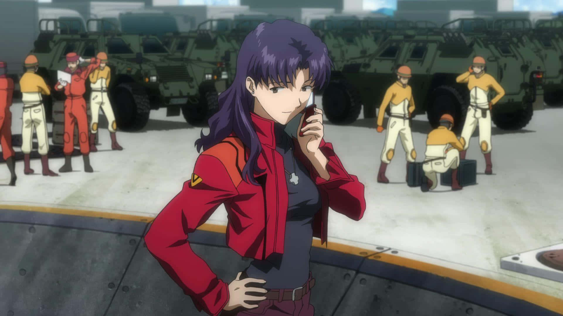 Misato Katsuragi, purple-haired, red jacket, Full HD Desktop Wallpaper