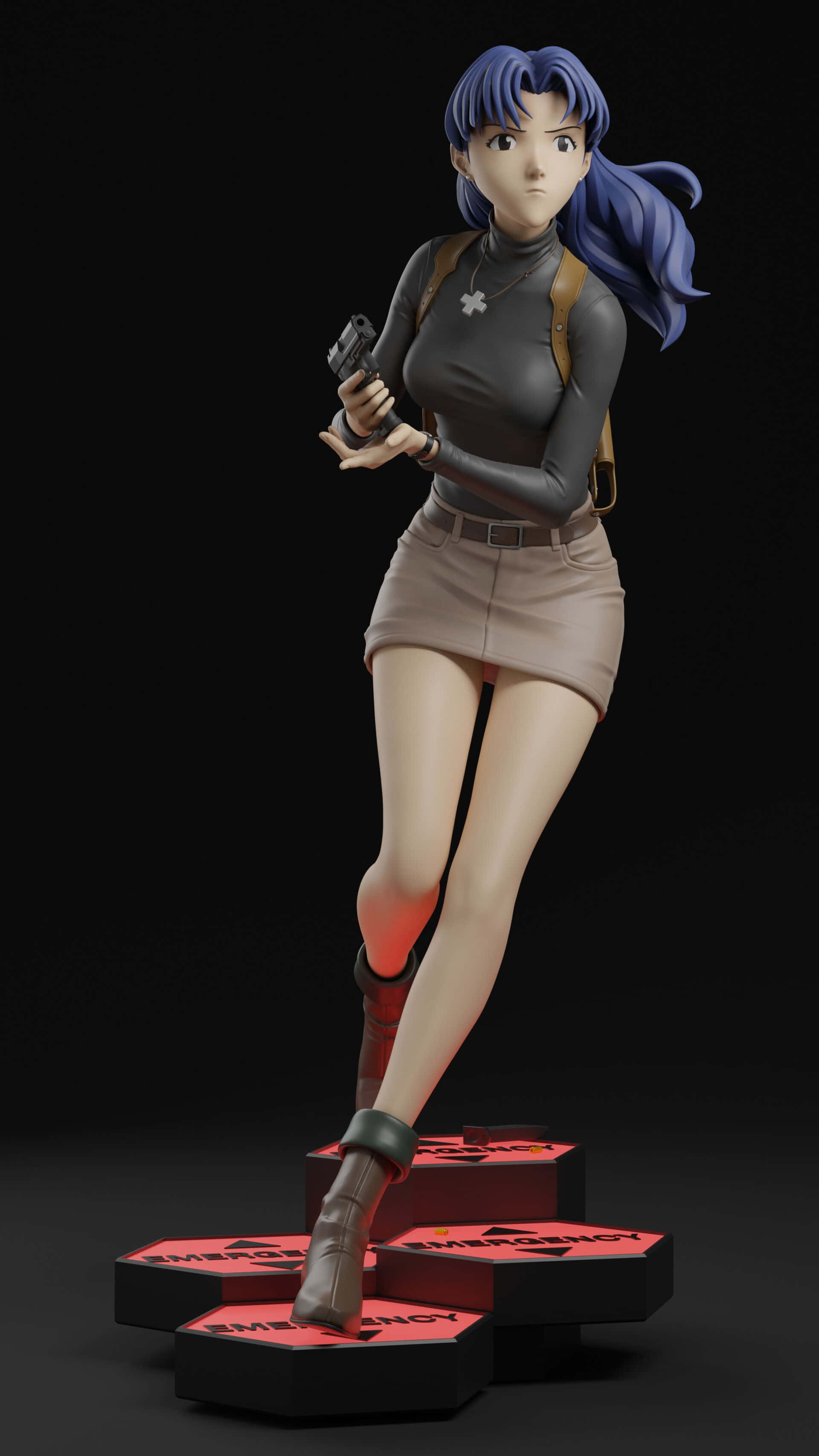 Misato Katsuragi, blue-haired, grey outfit, 2K Phone Wallpaper