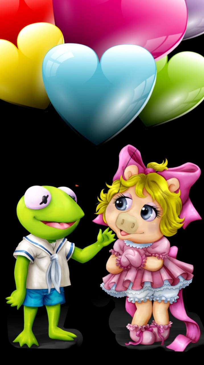 Miss Piggy, pink Kermit Frog, colorful heart balloons, HD Phone Wallpaper