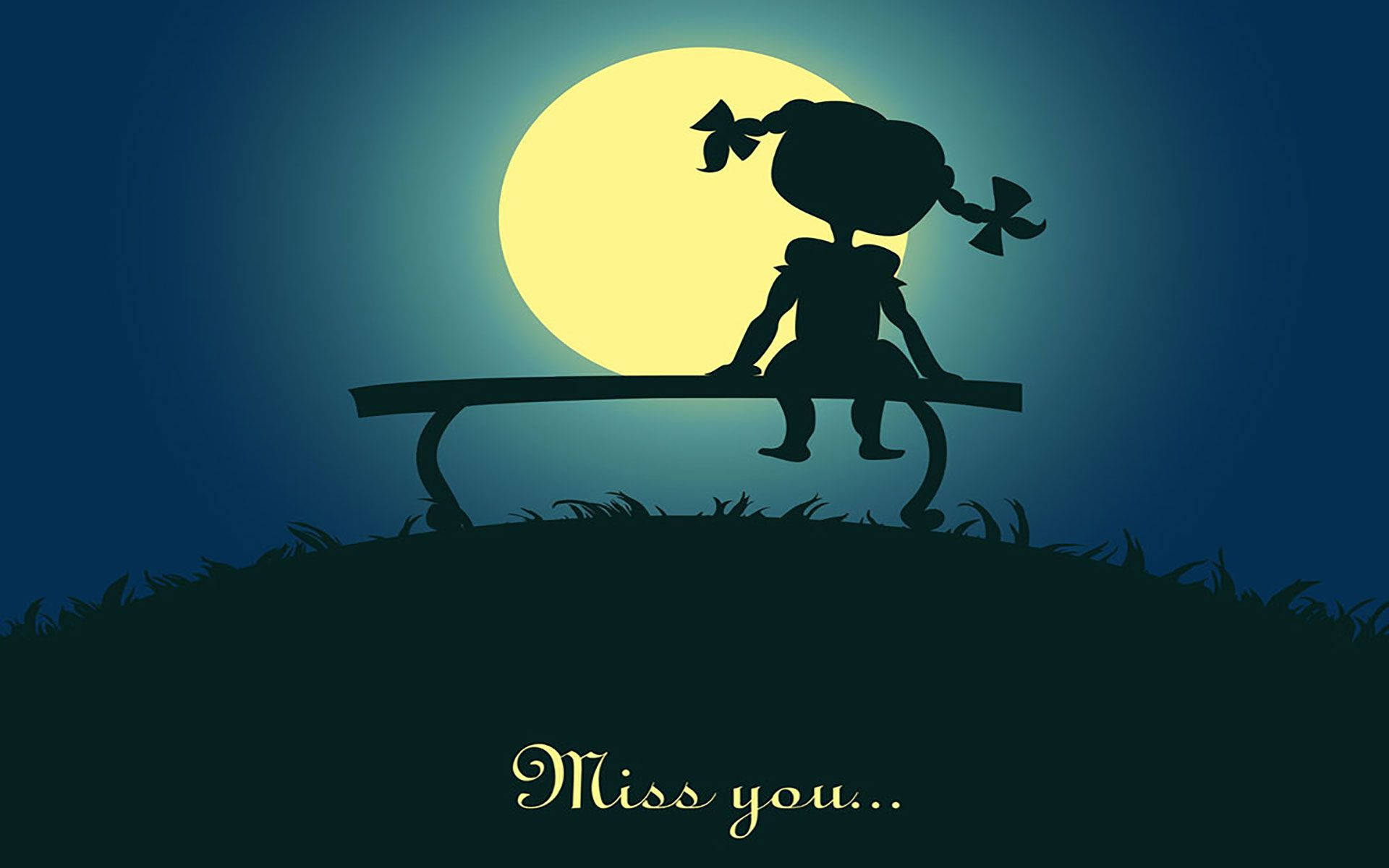 child with pigtails, bench, glowing full moon, Full HD Desktop Wallpaper