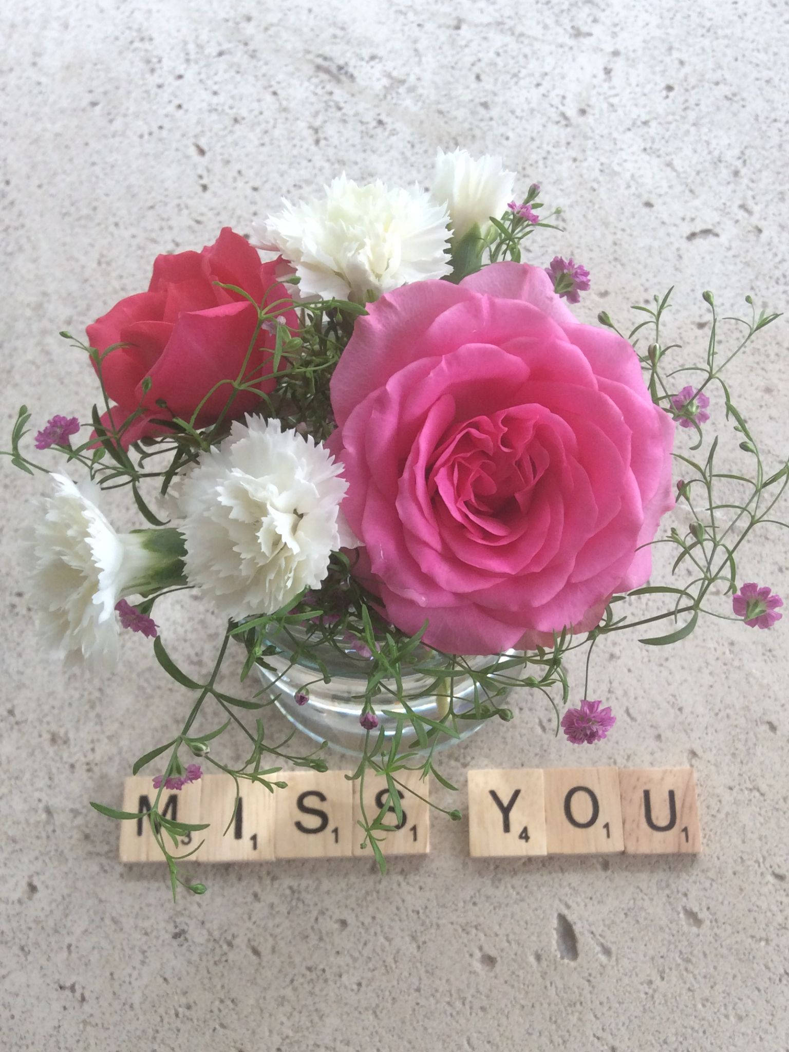 Missing You Scrabble Flowers, pink roses, white carnations, Full HD Phone Wallpaper