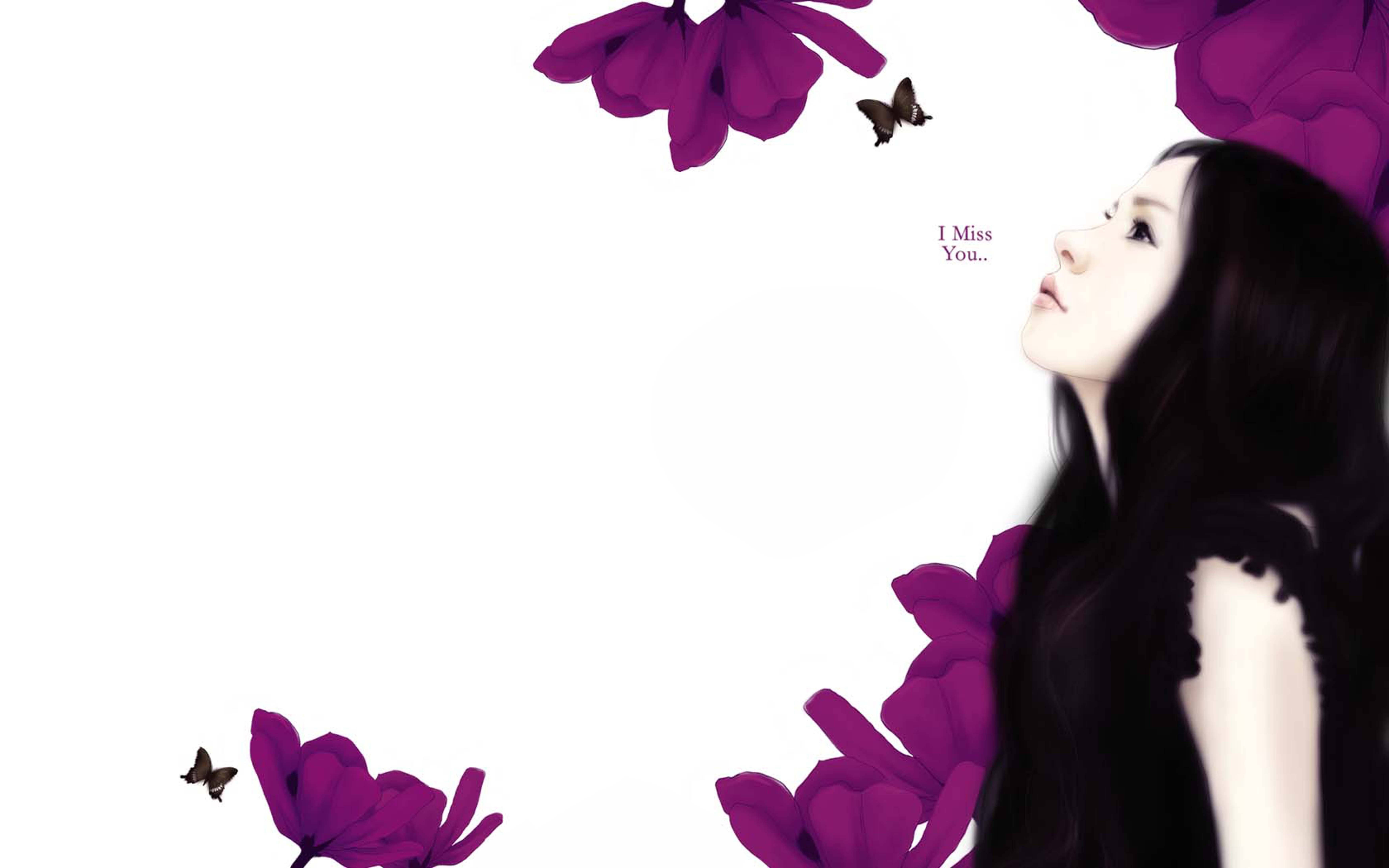 Missing You Girl Animation, long dark hair, floating purple flowers, 5K Desktop Wallpaper
