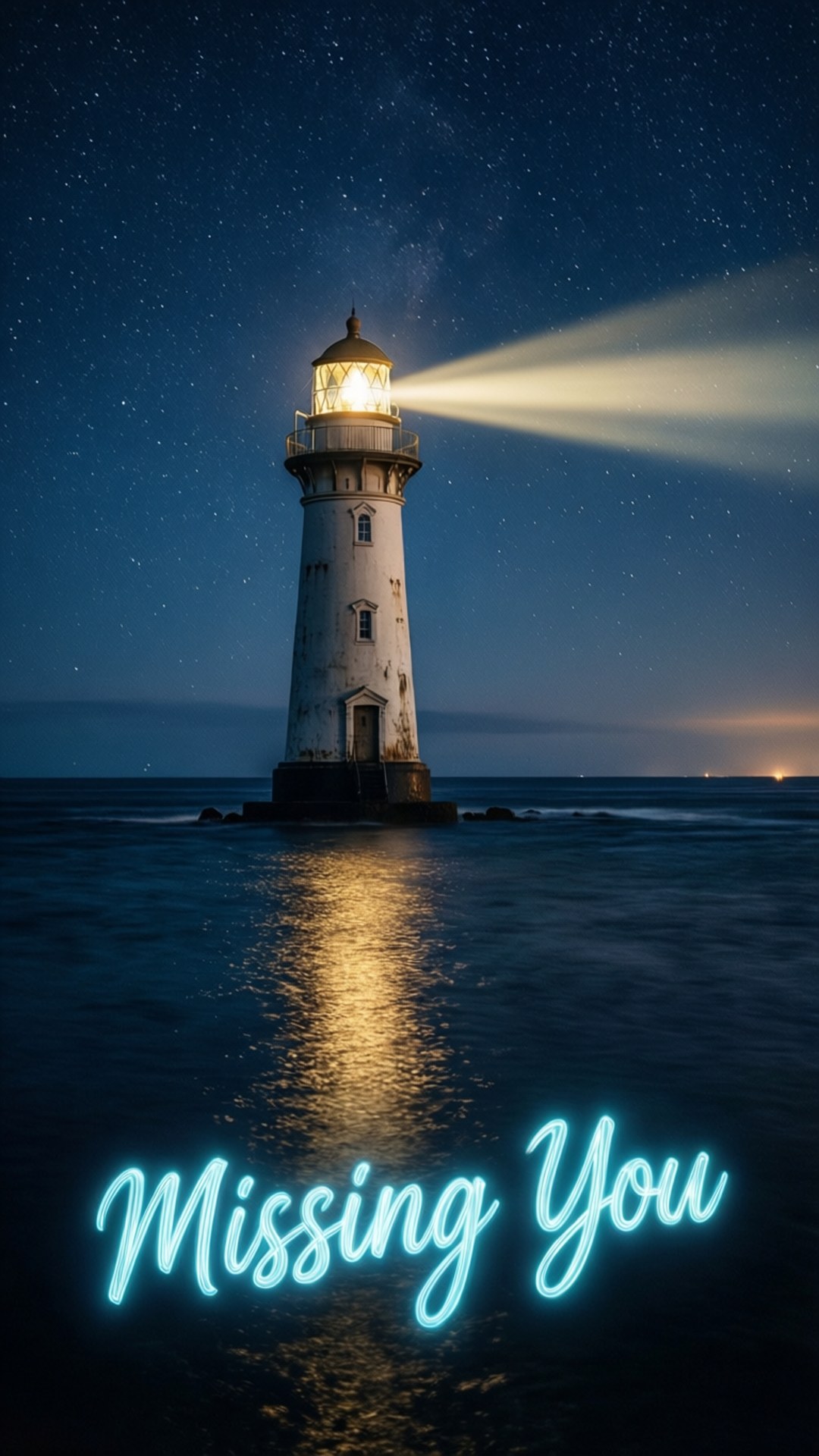 lighthouse, starry night sea, glowing blue script, Full HD Phone Wallpaper