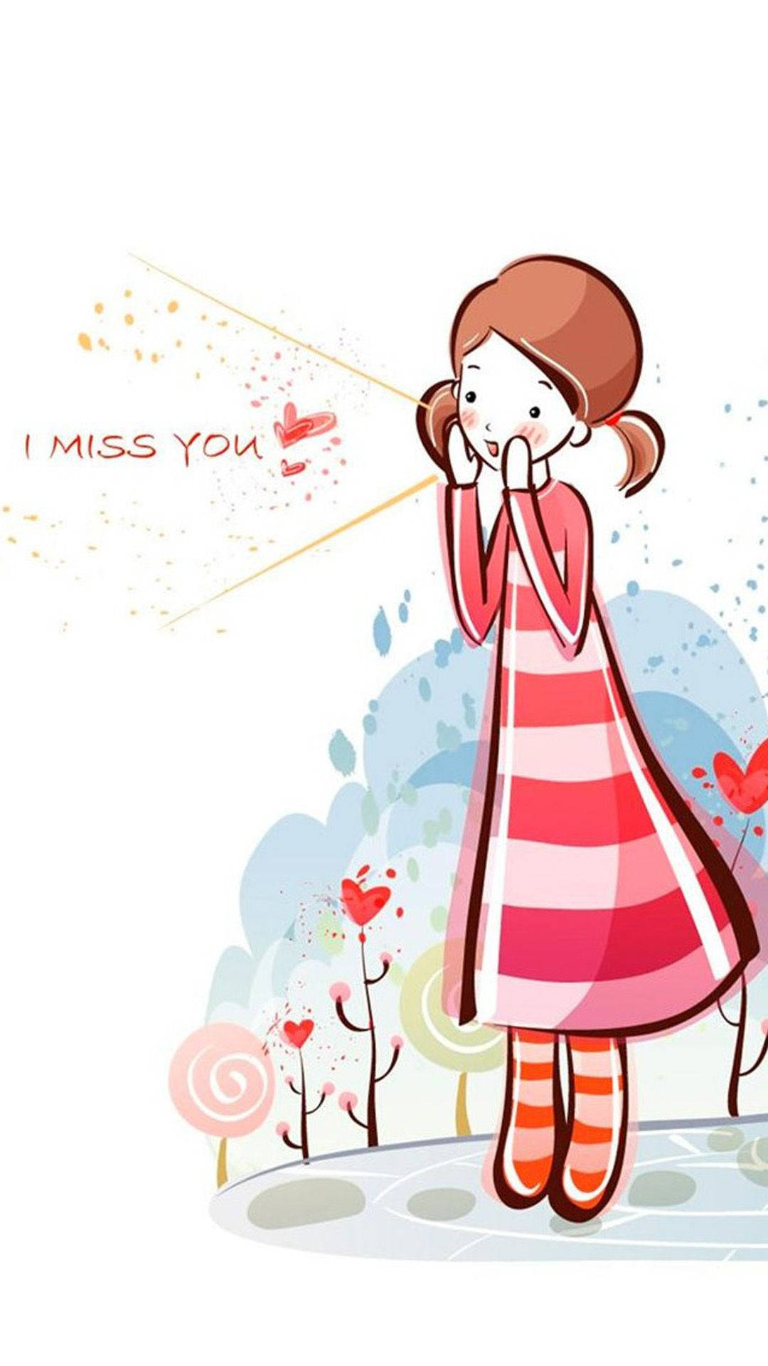 cute girl drawing, pink striped dress, hearts flying from her lips, Full HD Phone Wallpaper