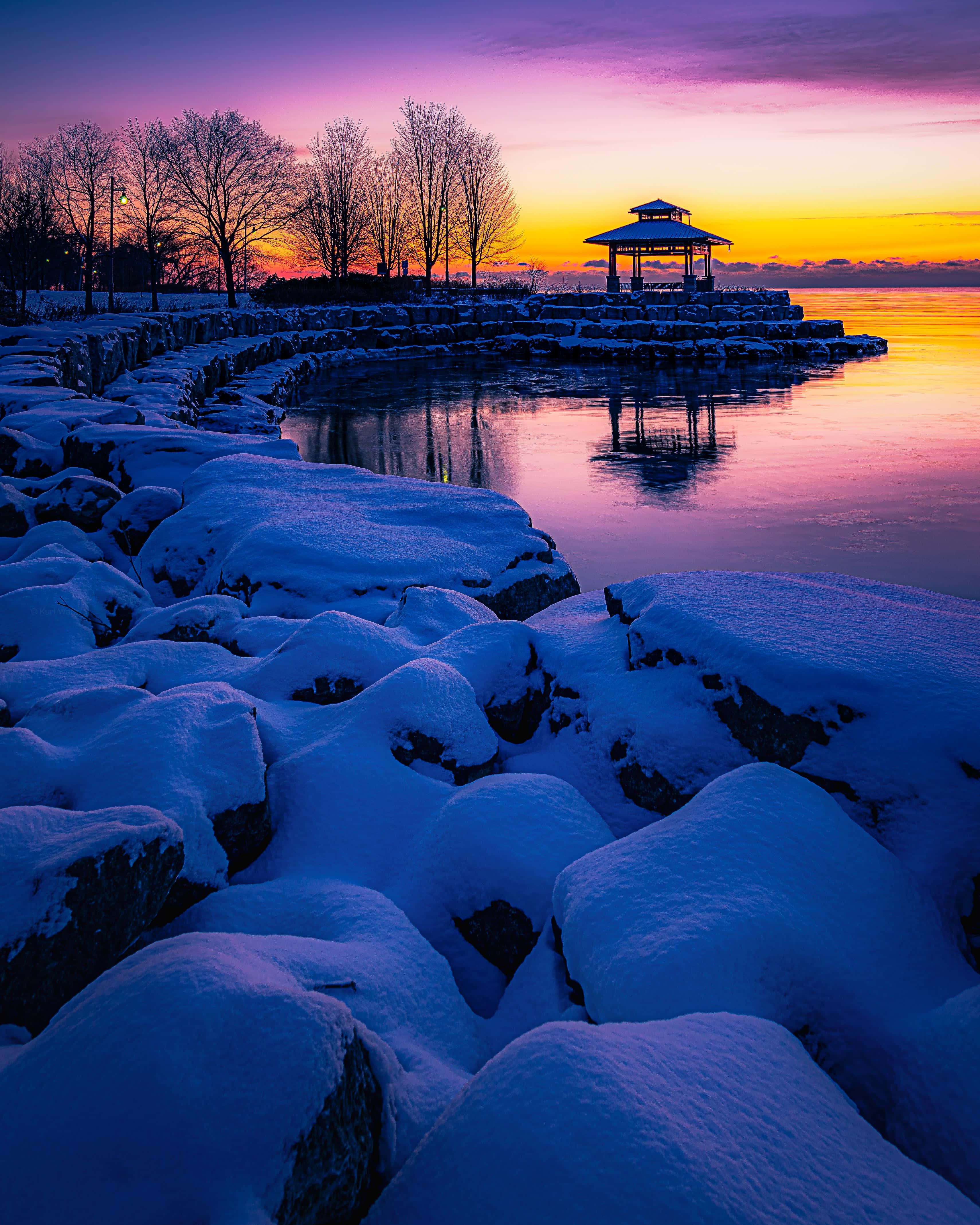 Mississauga, vibrant purple and orange sunset, tranquil waterfront, 4K Phone Wallpaper