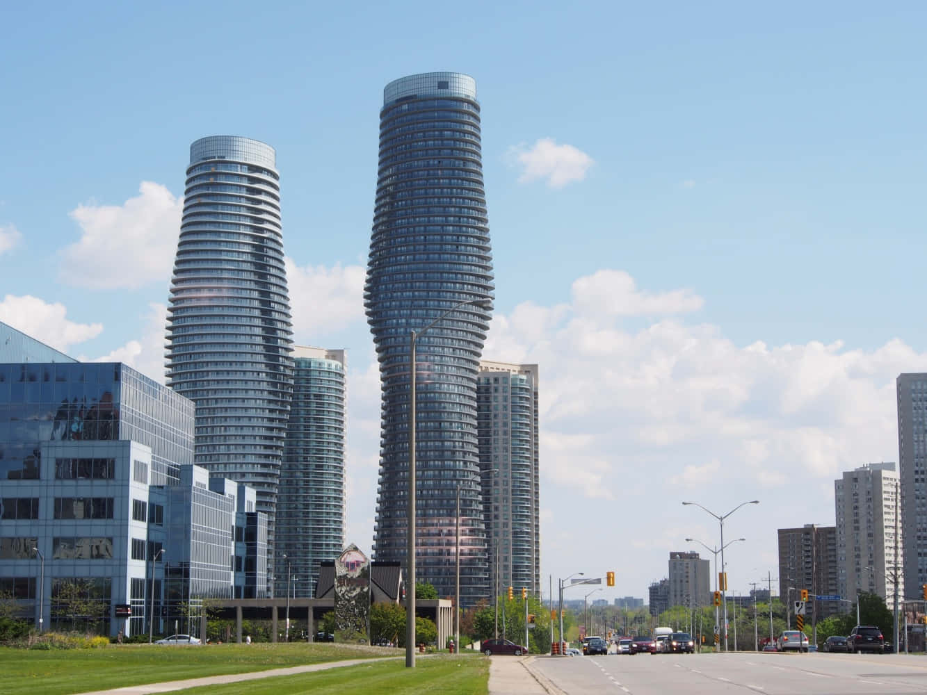 Mississauga skyline, dusk, glass skyscrapers, HD Desktop Wallpaper
