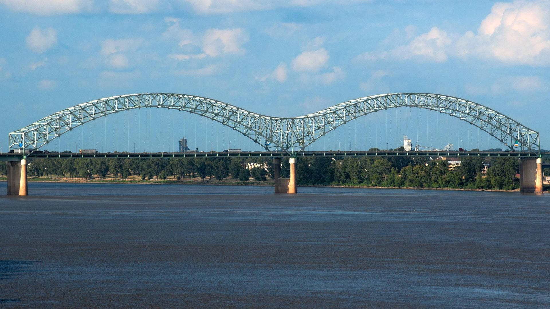 Mississippi River, steel arch bridge, partly cloudy blue sky, Full HD Desktop Wallpaper