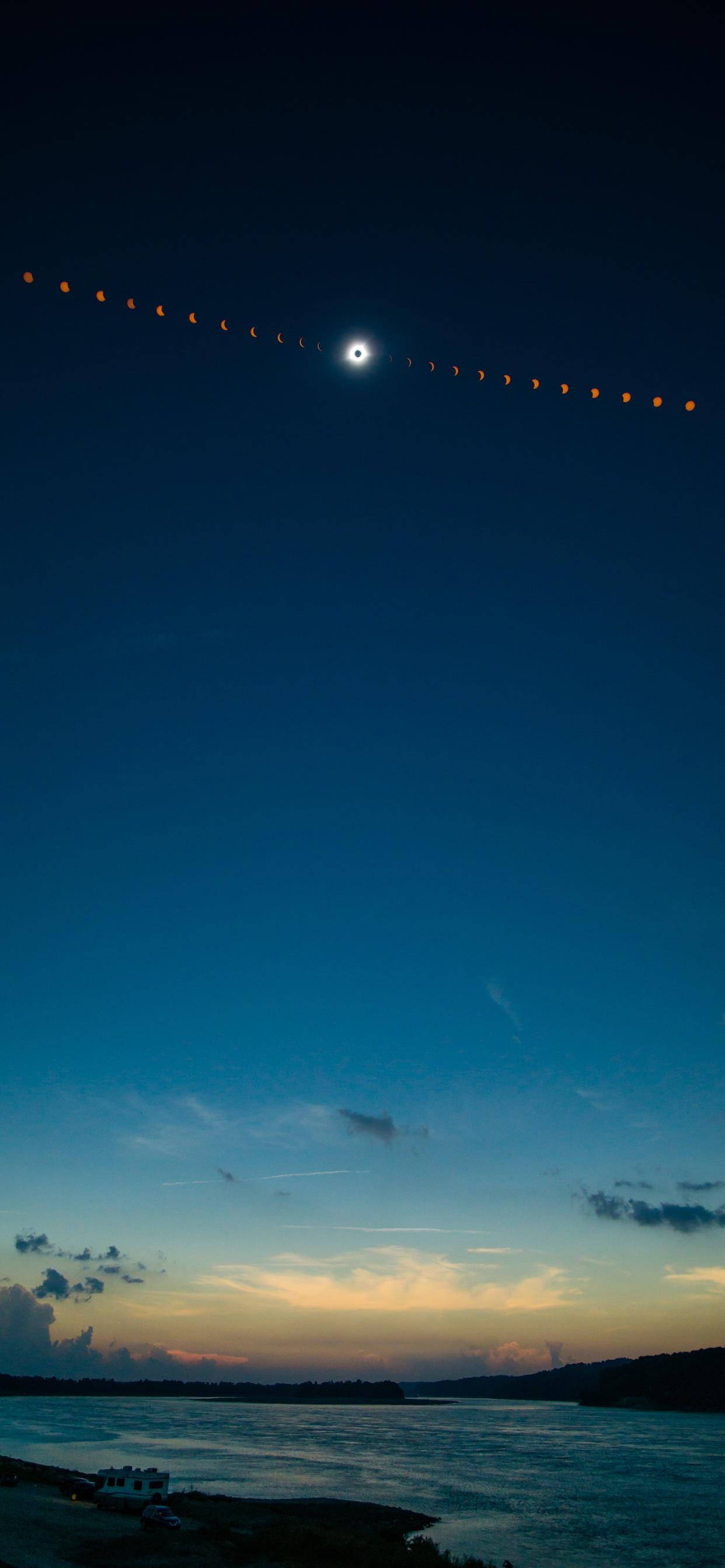 solar eclipse, Mississippi River, twilight, 2K Phone Wallpaper