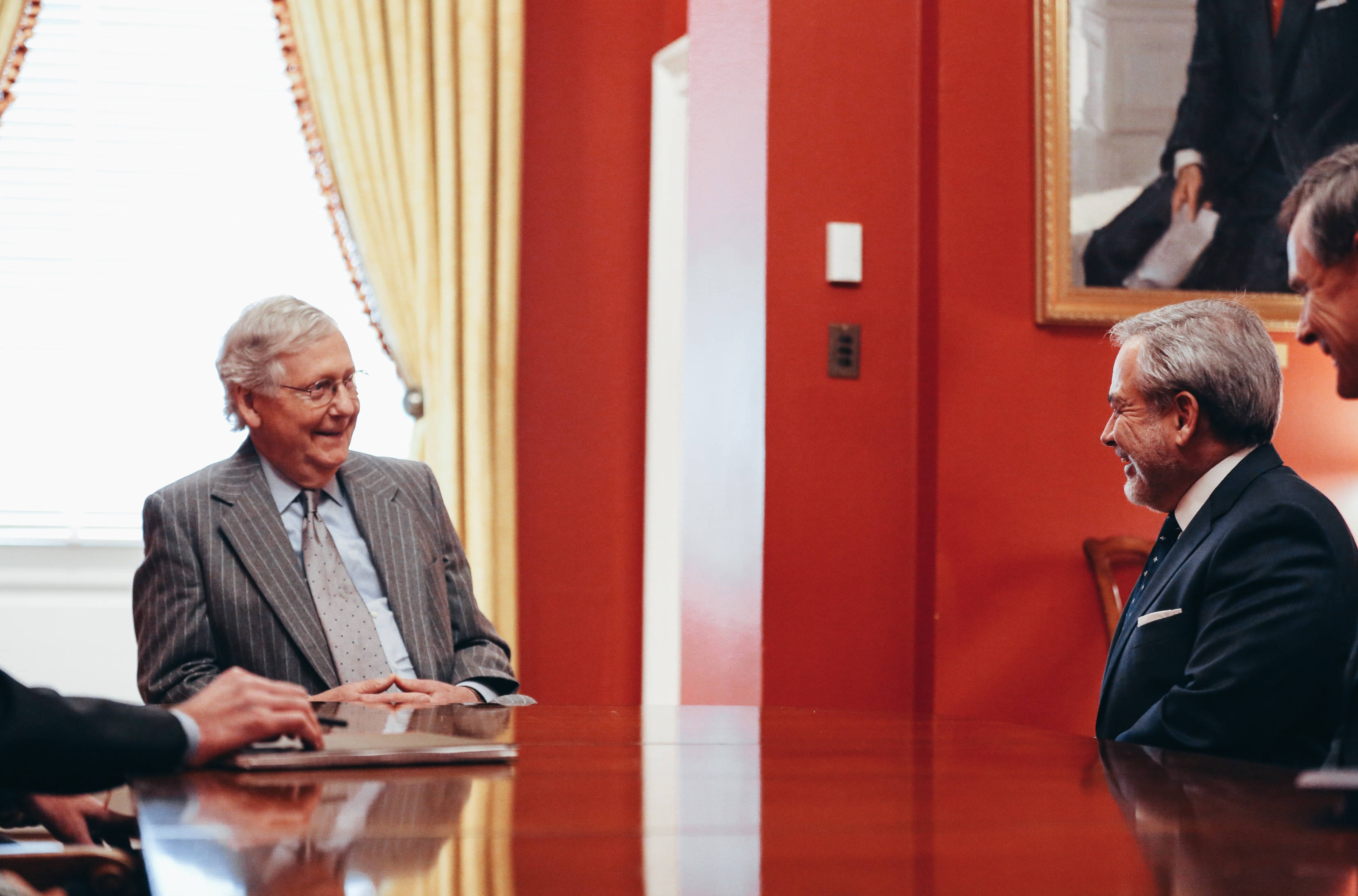 Mitch McConnell, red walls, golden curtains, 2K Desktop Wallpaper