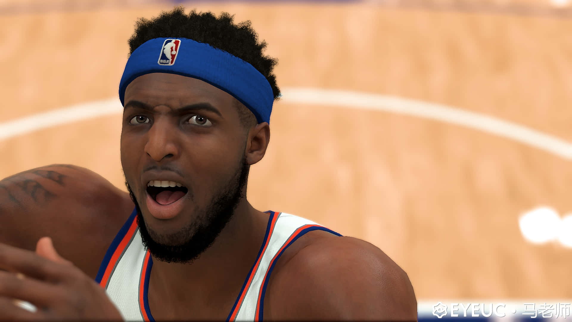 Mitchell Robinson, white jersey, blue headband, Full HD Desktop Wallpaper