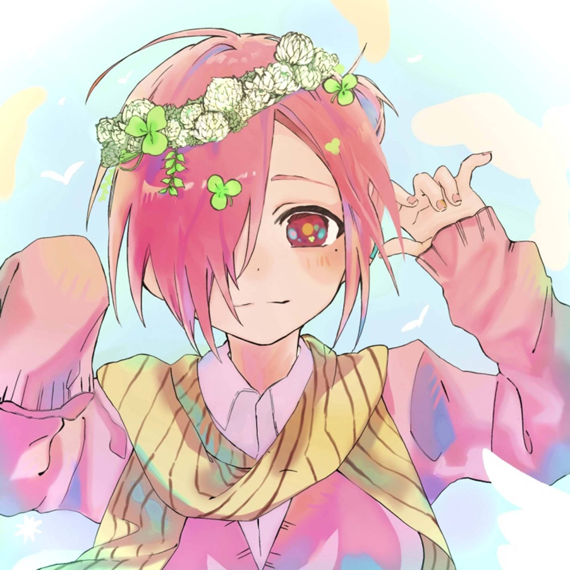 Mitsuba Sousuke, pink hair, floral crown, Full HD Desktop Wallpaper