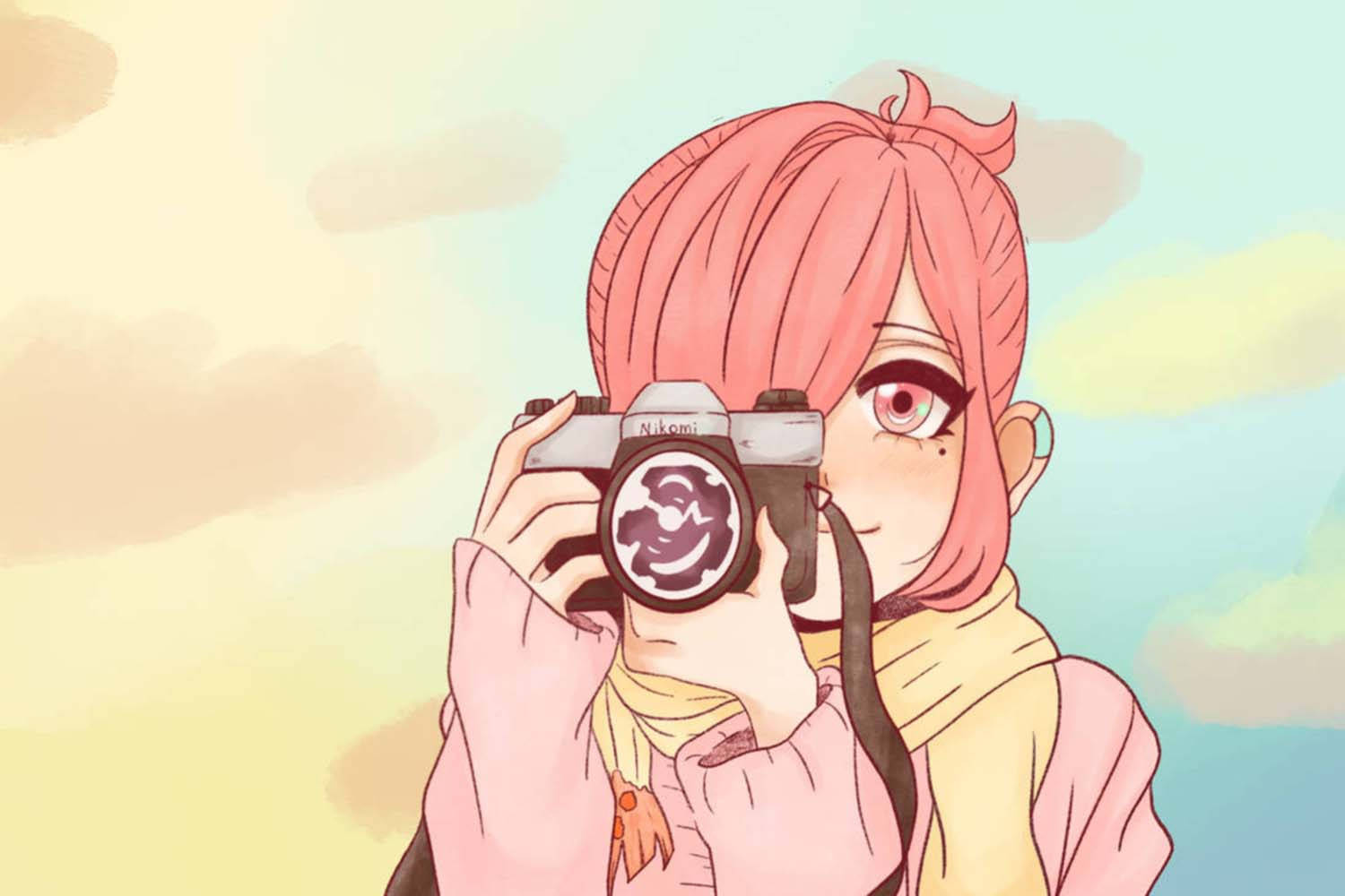 Mitsuba Sousuke, pink-haired anime girl, camera, HD Desktop Wallpaper