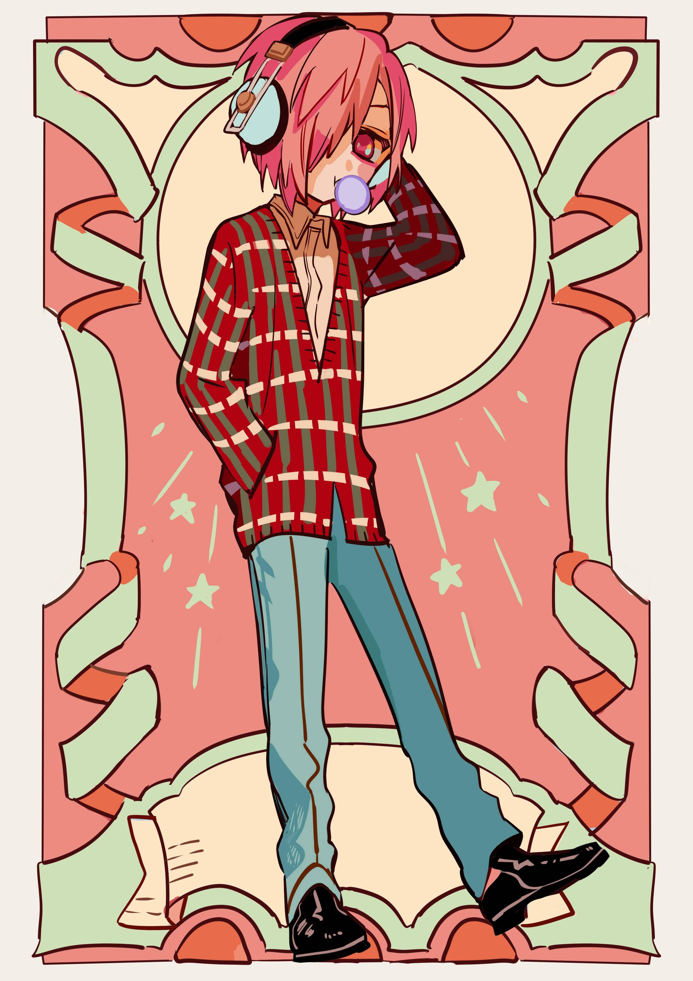 Mitsuba Sousuke, pink-haired anime character, red plaid shirt, 4K Phone Wallpaper