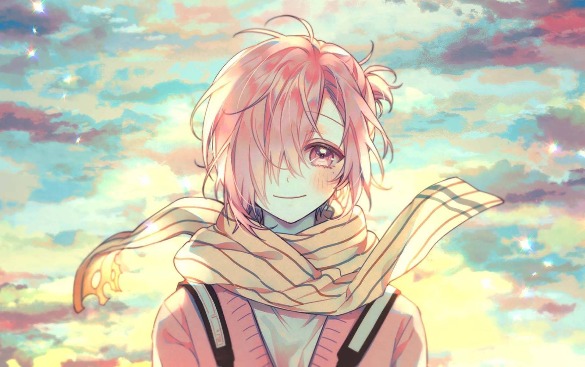 Mitsuba Sousuke, pink-haired anime girl, warm scarf, Full HD Desktop Wallpaper