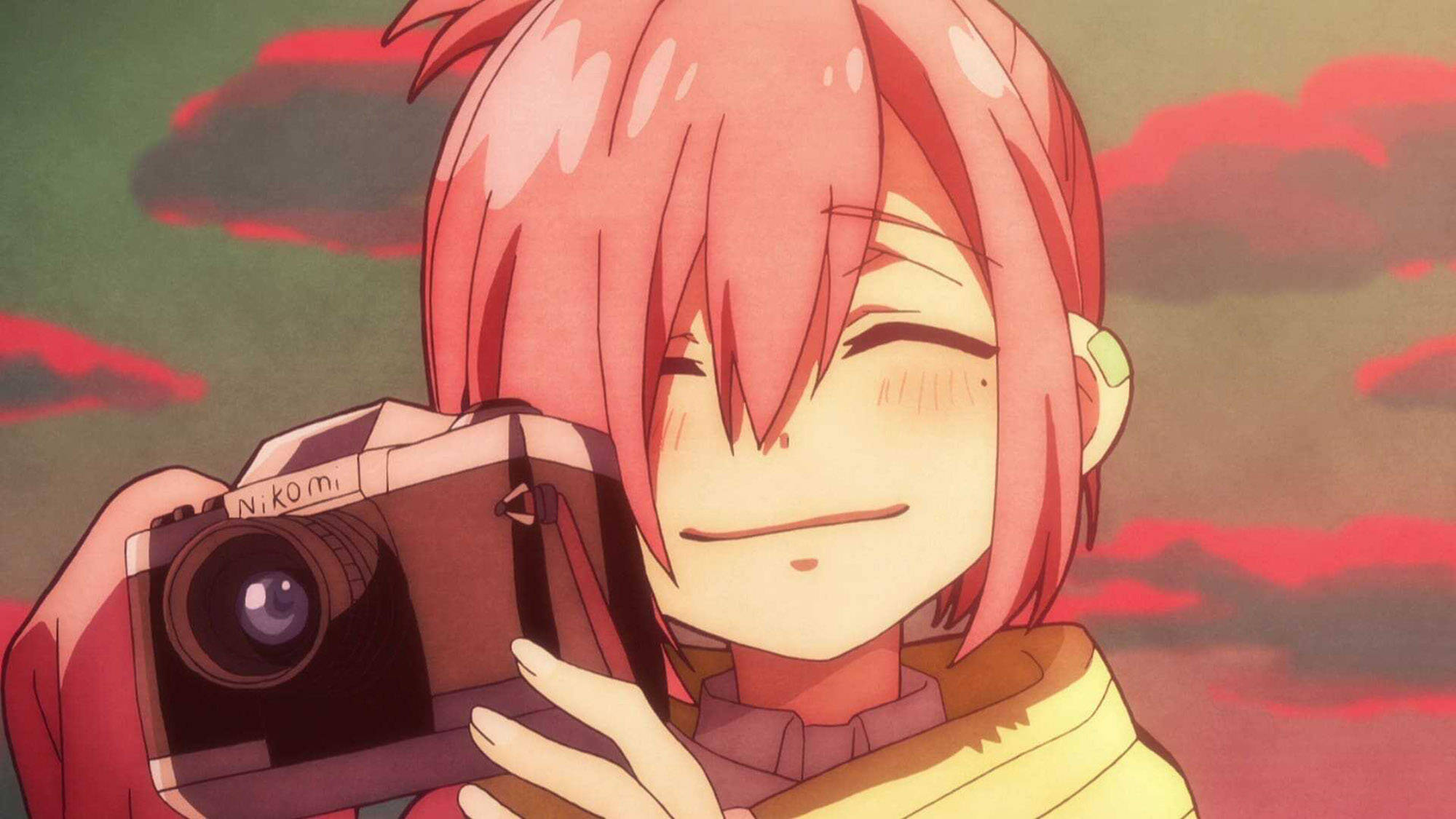 Mitsuba Sousuke, pink-haired anime girl, vintage camera, Full HD Desktop Wallpaper