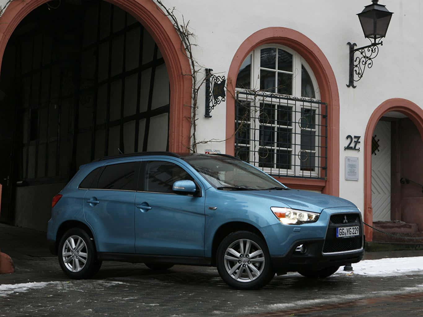 Mitsubishi ASX, light blue, white building, HD Desktop Wallpaper