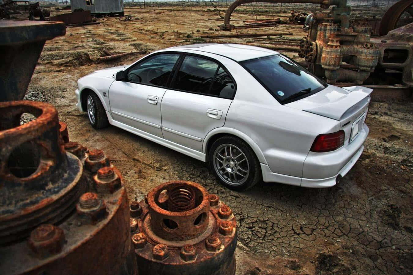 Mitsubishi Galant, white sedan, rear spoiler, HD Desktop Wallpaper