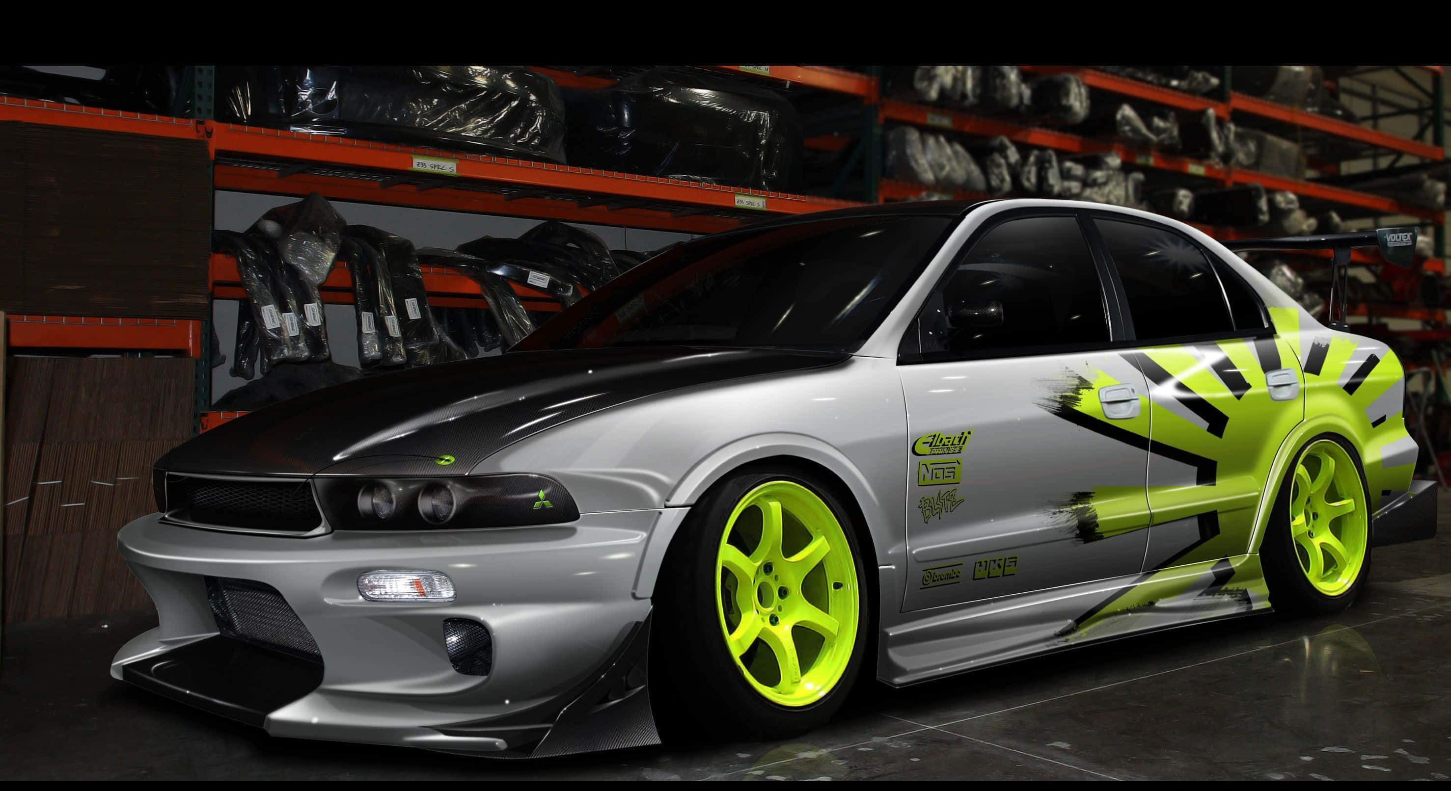 Mitsubishi Galant, silver, neon green accents, 2K Desktop Wallpaper