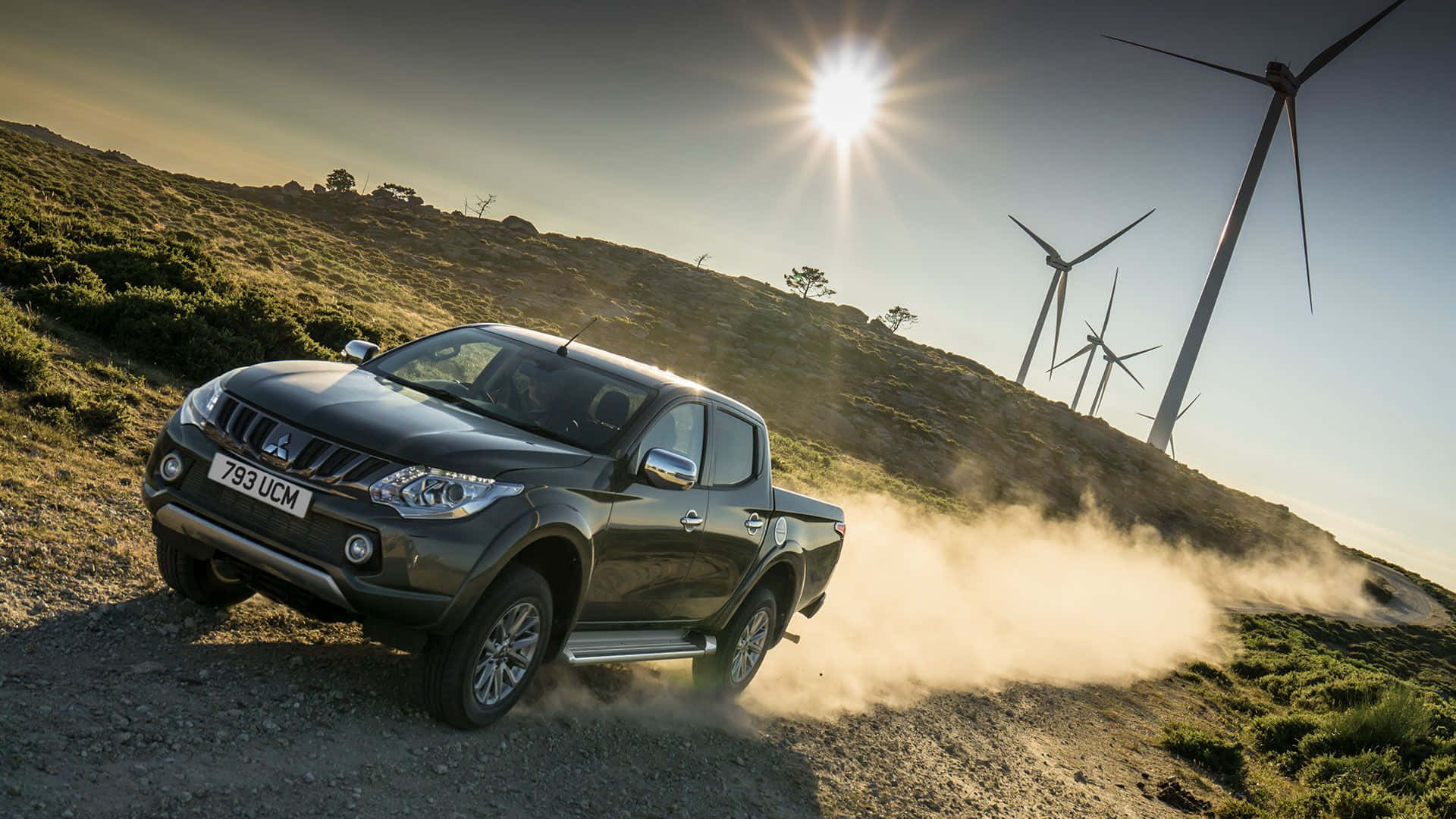 Mitsubishi L200, black pickup truck, sunlit hillside, Full HD Desktop Wallpaper