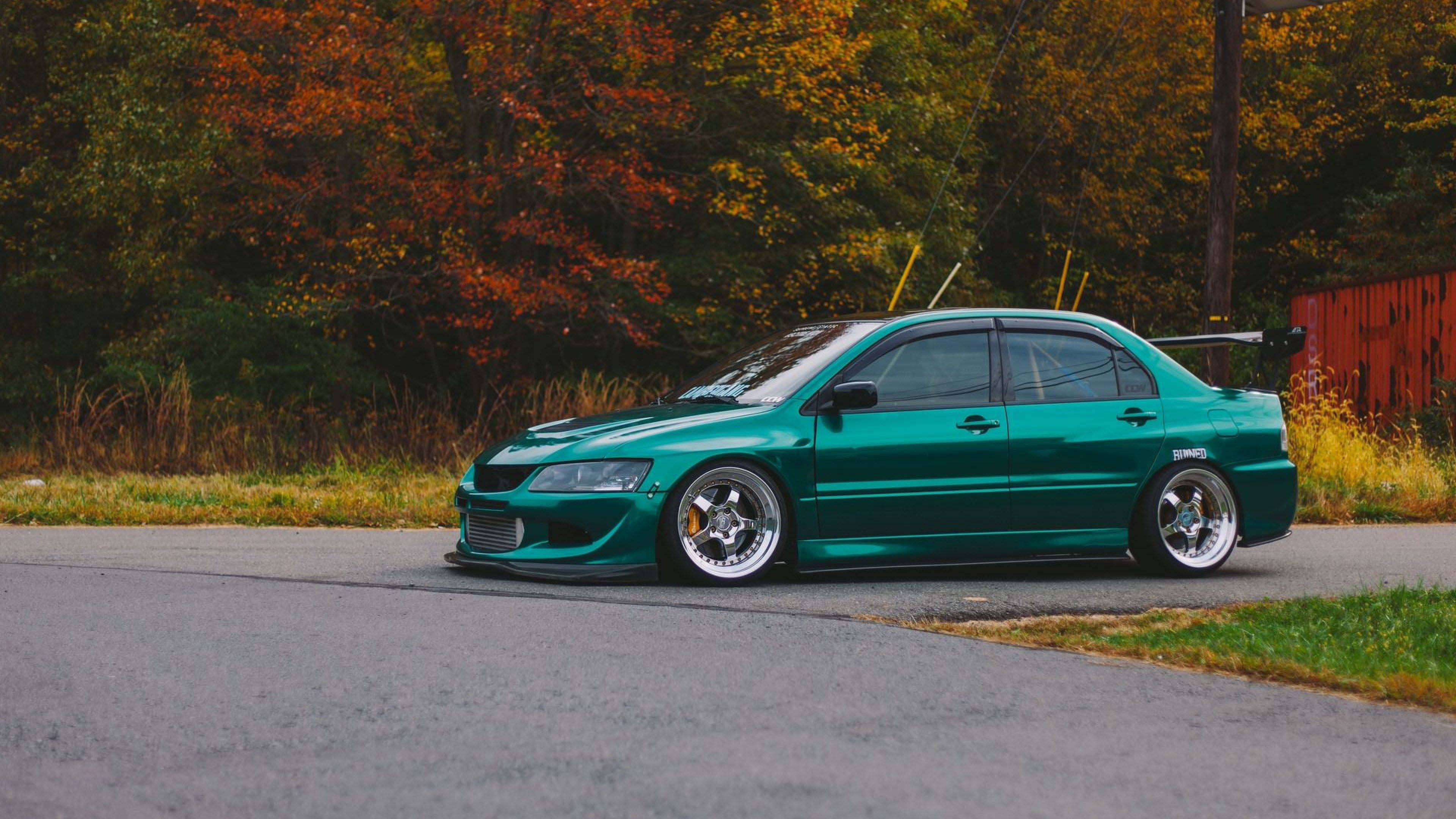 Mitsubishi Lancer Evolution, teal, lowered, 4K Desktop Wallpaper