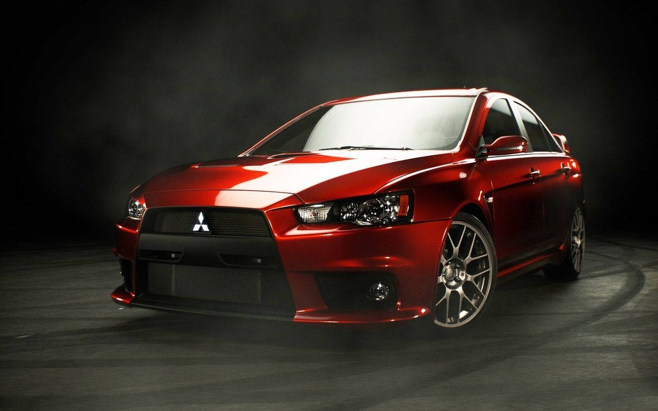 Mitsubishi Lancer Evolution, glossy red, dramatic studio lighting, HD Desktop Wallpaper