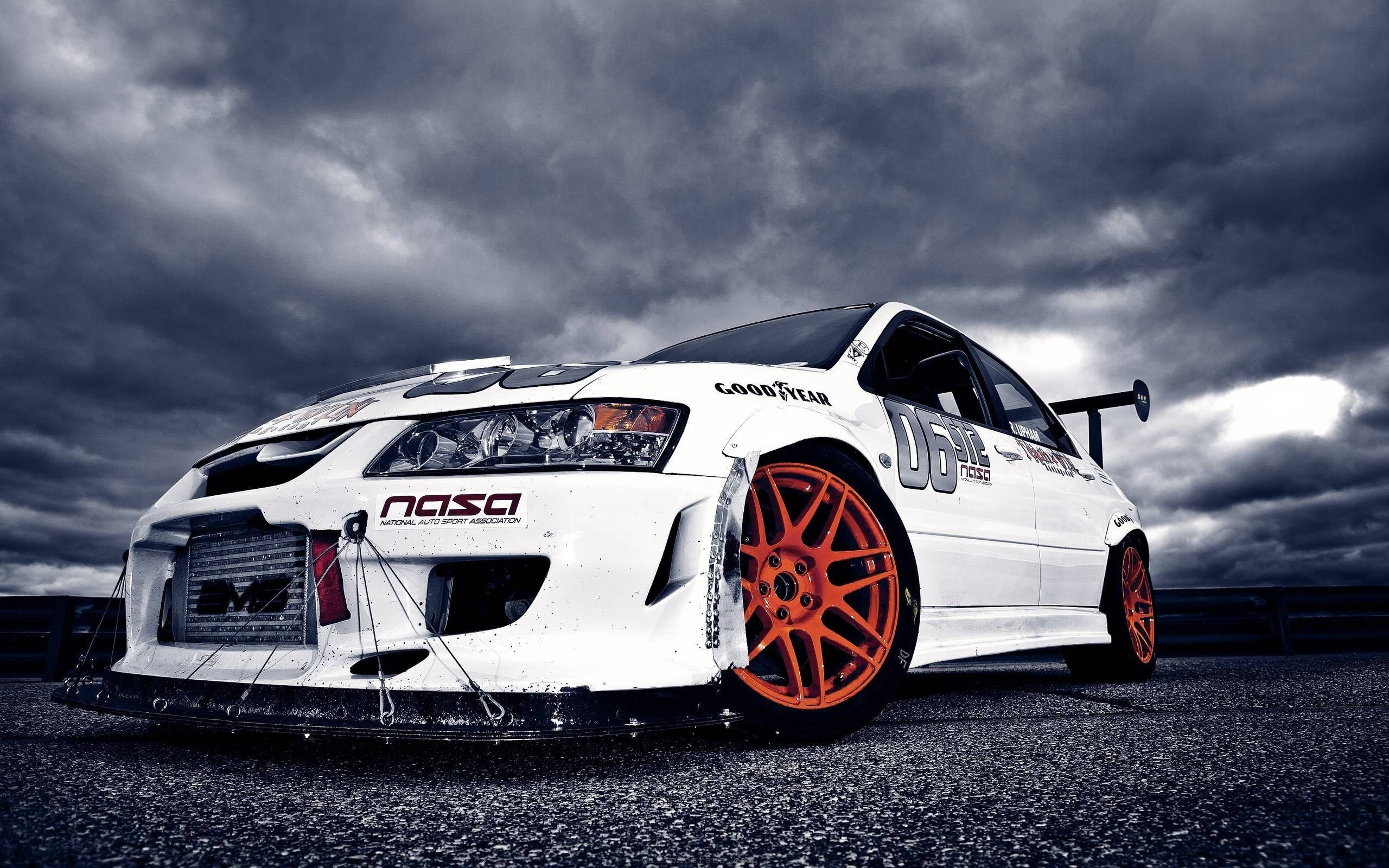 Mitsubishi Lancer, orange wheels, white race car, 2K Desktop Wallpaper
