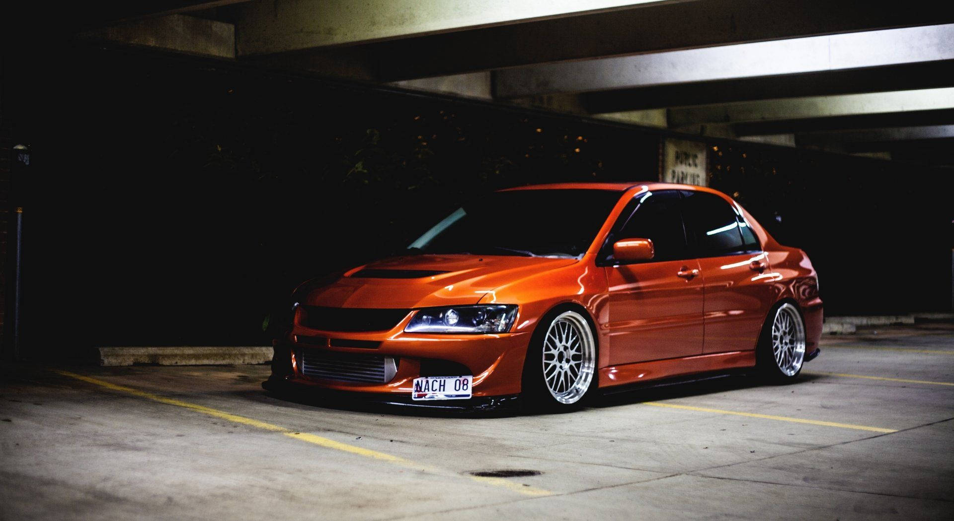 Mitsubishi Lancer Evolution, orange, modified sports car, Full HD Desktop Wallpaper