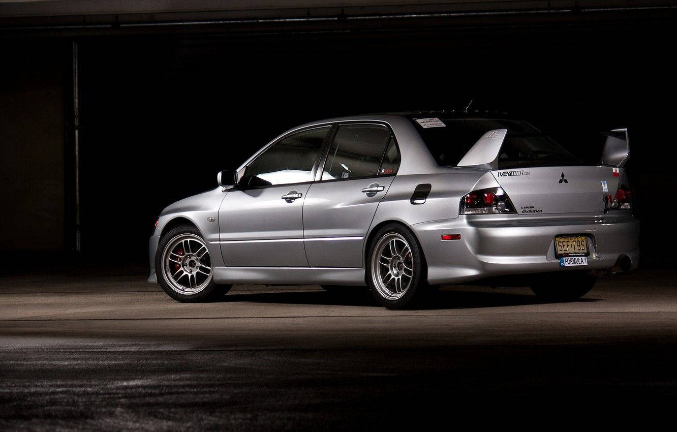 Mitsubishi Lancer Evolution, silver, dimly lit garage, HD Desktop Wallpaper