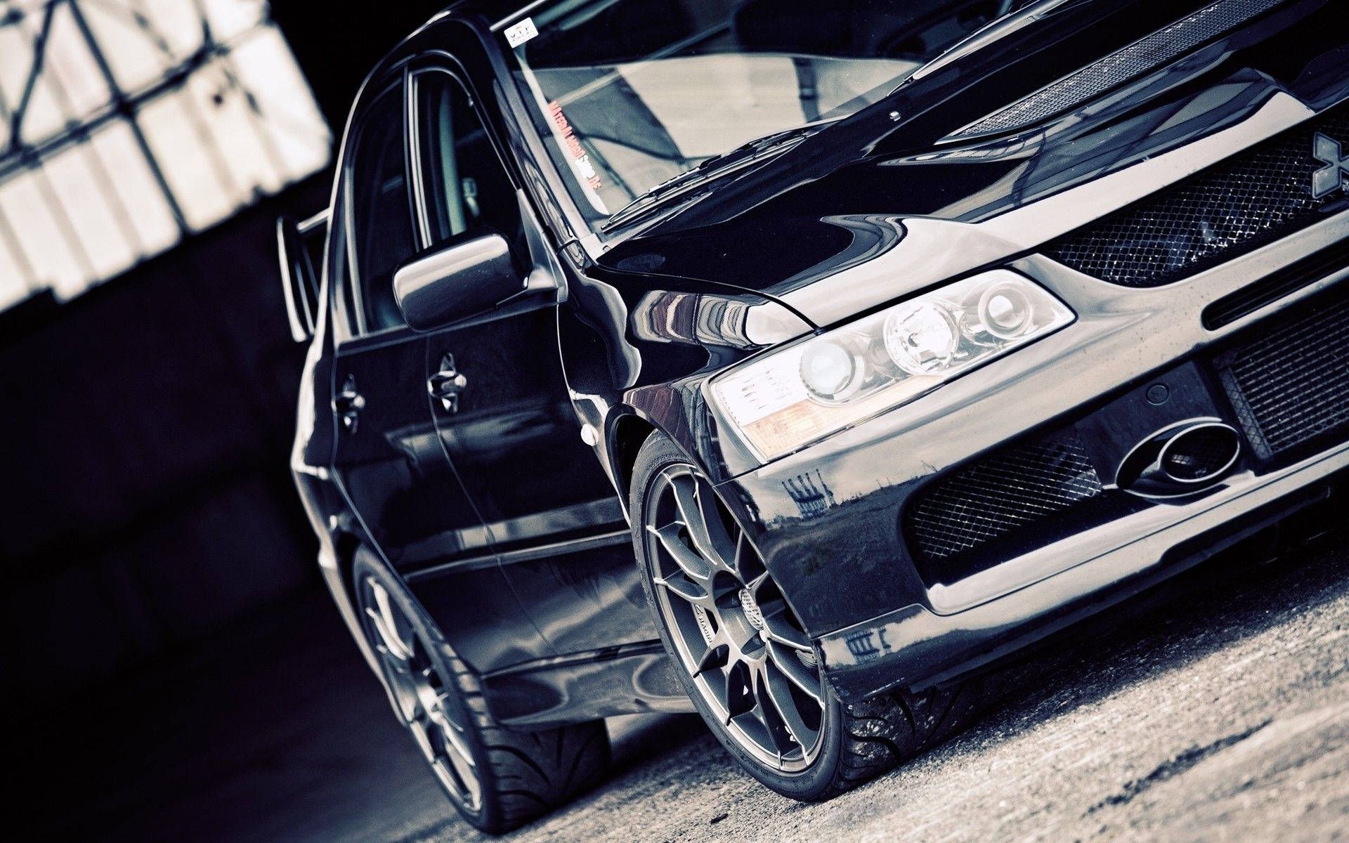 Mitsubishi Lancer, shiny dark, black modified sports car, Full HD Desktop Wallpaper