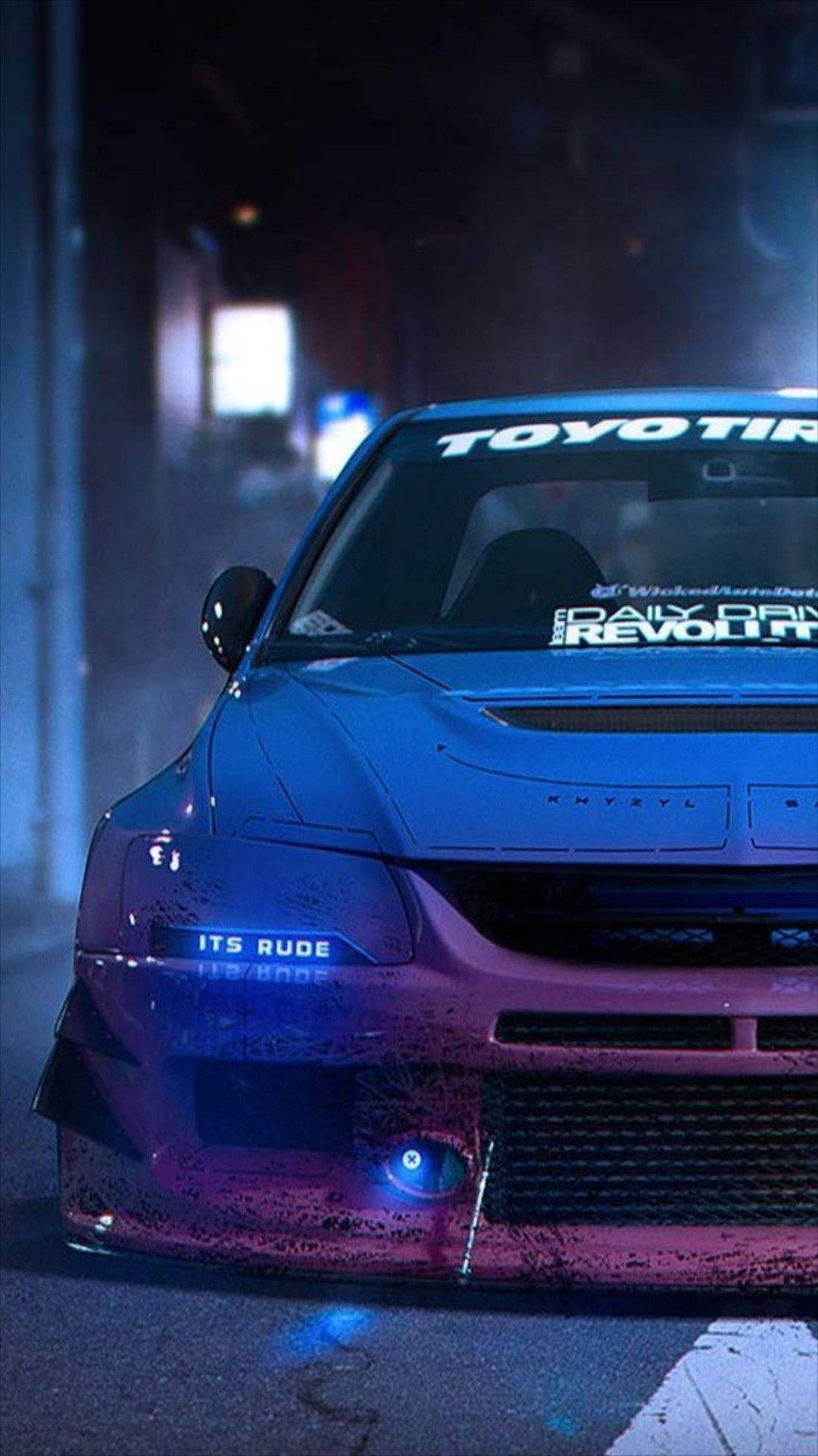 Mitsubishi Lancer Evolution, blue and purple, glowing headlights, Full HD Phone Wallpaper