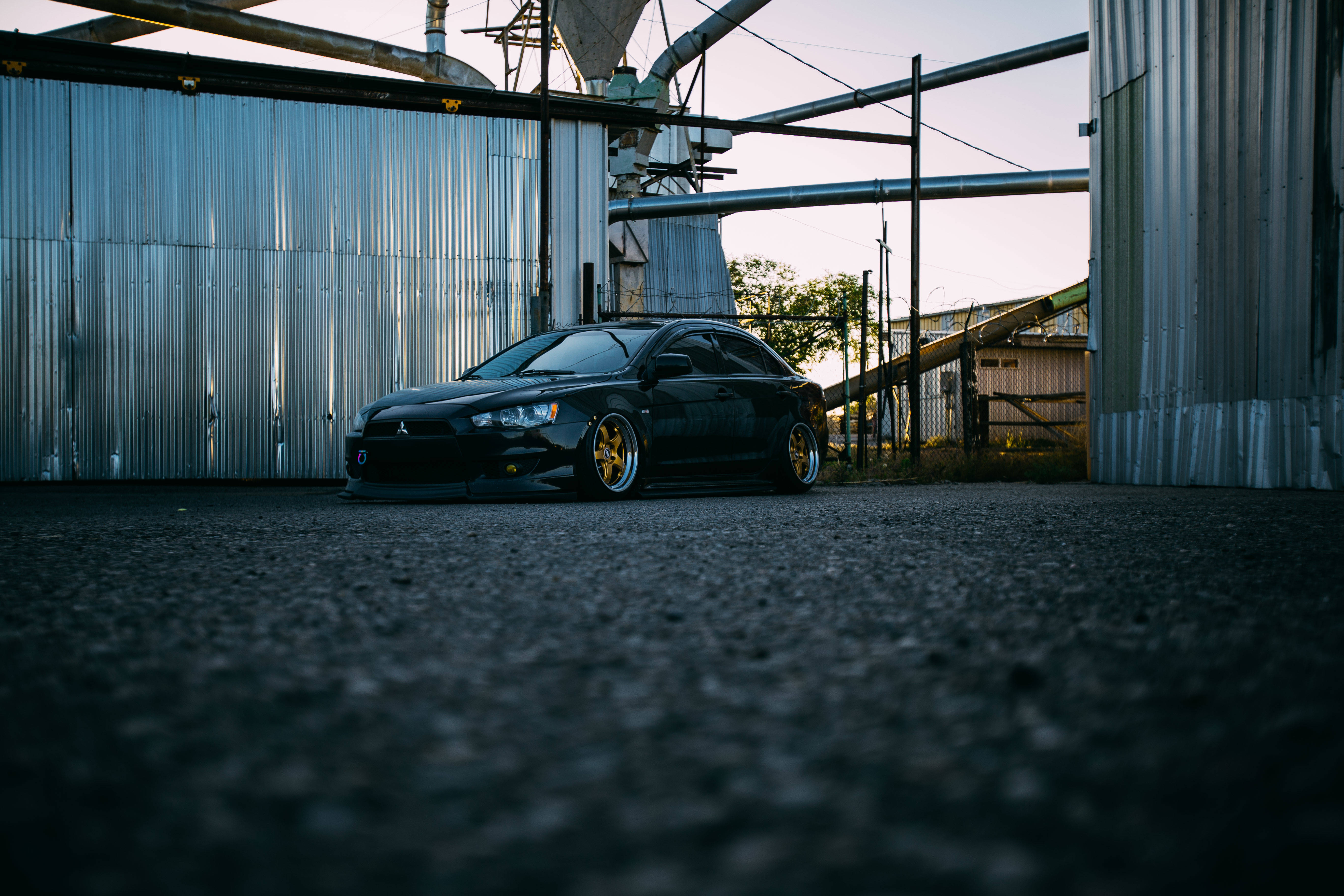 Mitsubishi Lancer Evolution, black, yellow tires, 5K Desktop Wallpaper