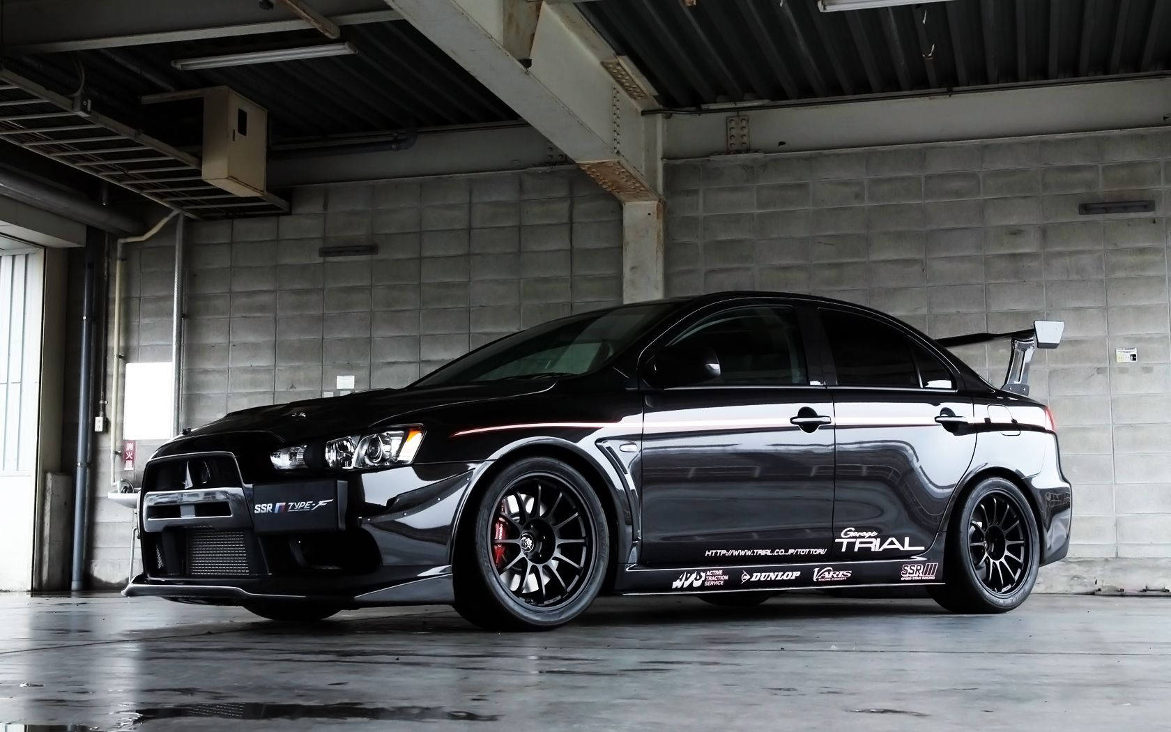 Mitsubishi Lancer Evolution, glossy black, large rear wing, HD Desktop Wallpaper
