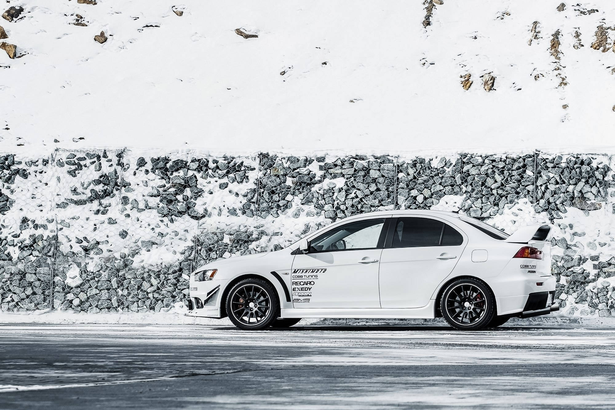 Mitsubishi Lancer Evolution, white, snowy road, Full HD Desktop Wallpaper