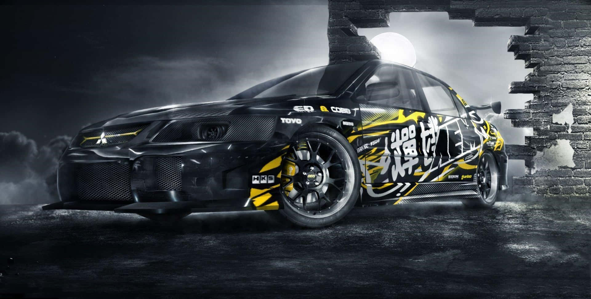 Mitsubishi Lancer Evolution, black and yellow, Japanese characters, Full HD Desktop Wallpaper