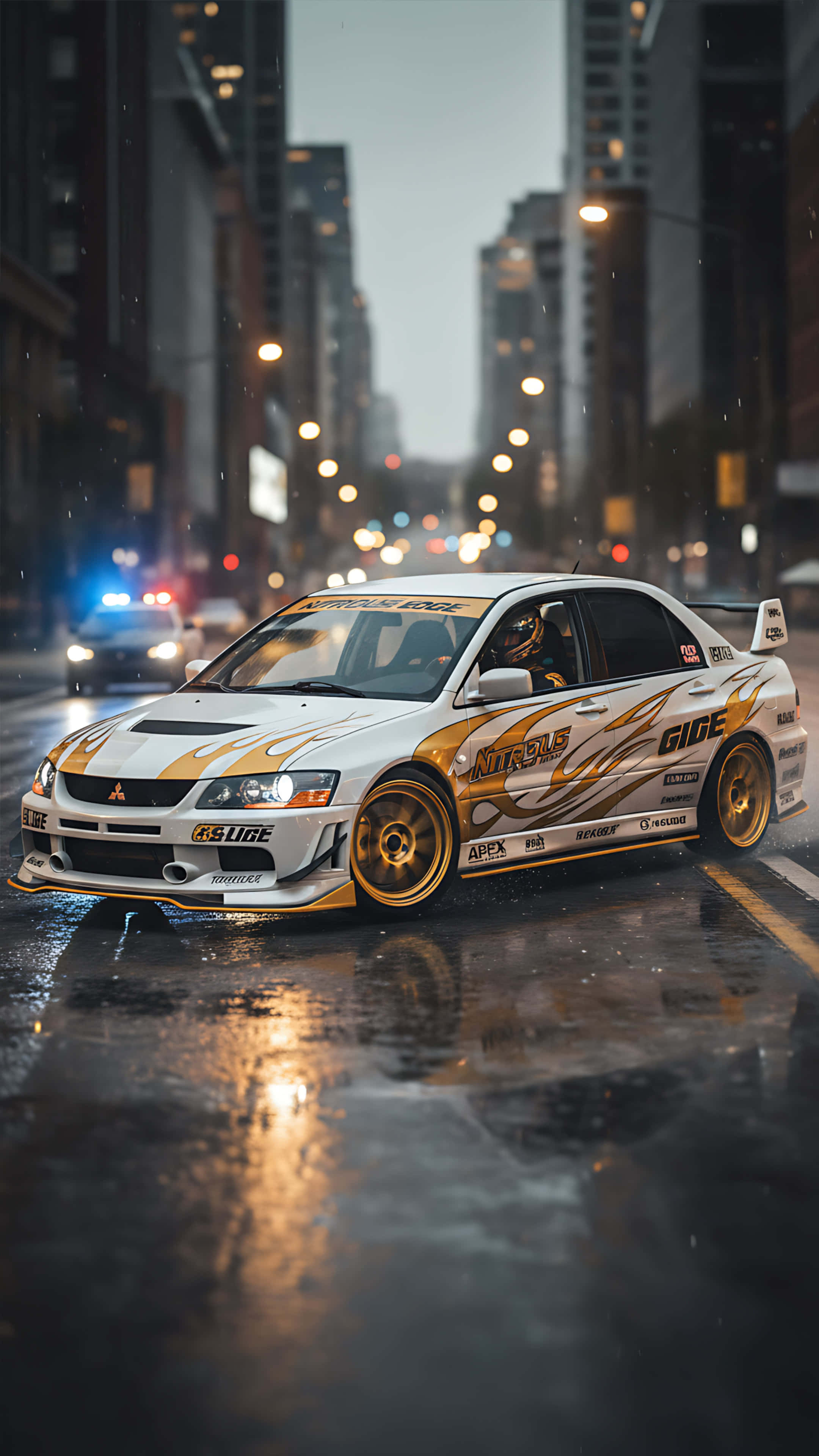 Mitsubishi Lancer Evolution, white and gold, flame decals, 4K Phone Wallpaper