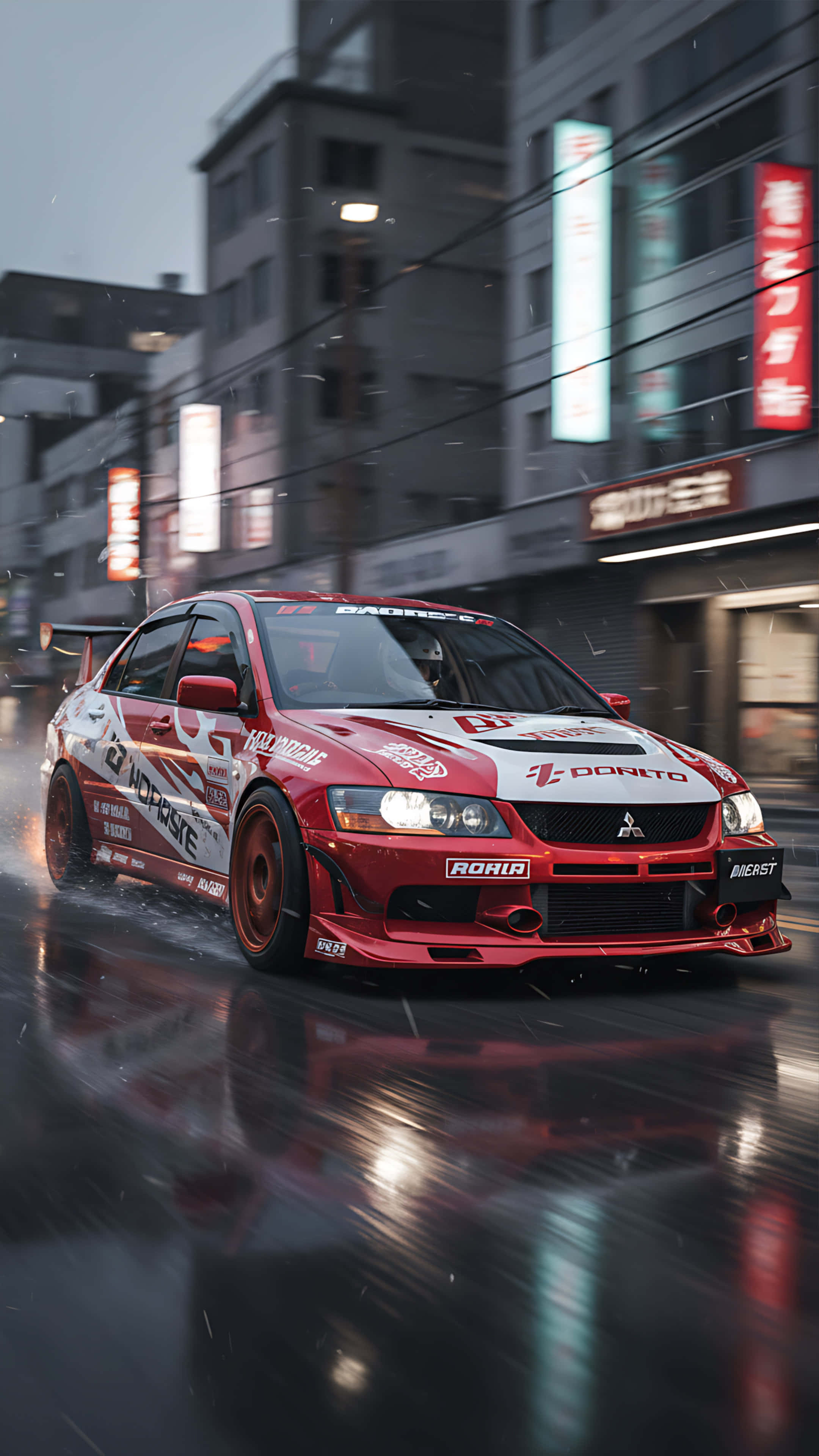 Mitsubishi Lancer Evolution, red and white, drifts, 4K Phone Wallpaper