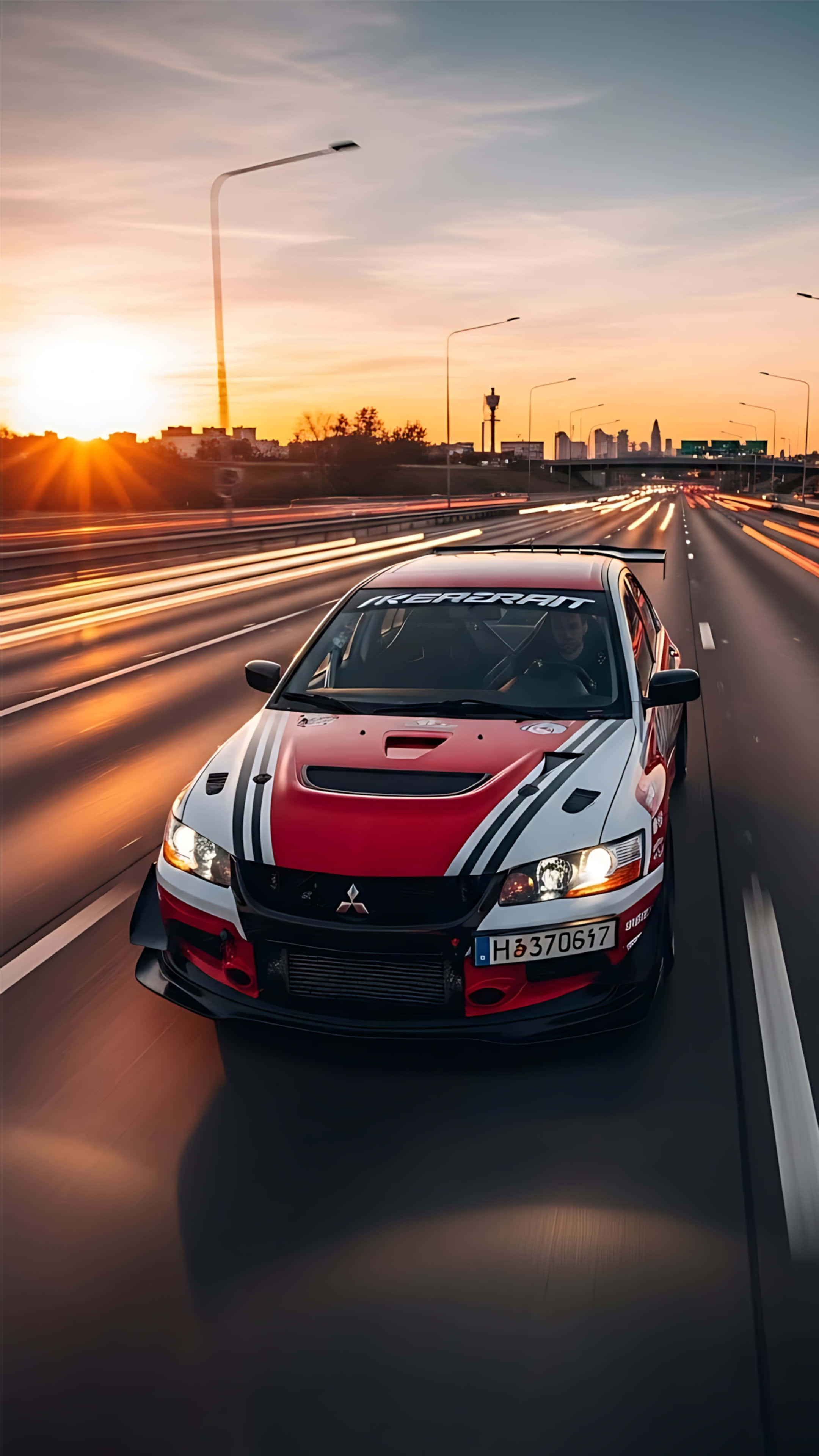 Mitsubishi Lancer Evolution, red and white, highway, 4K Phone Wallpaper