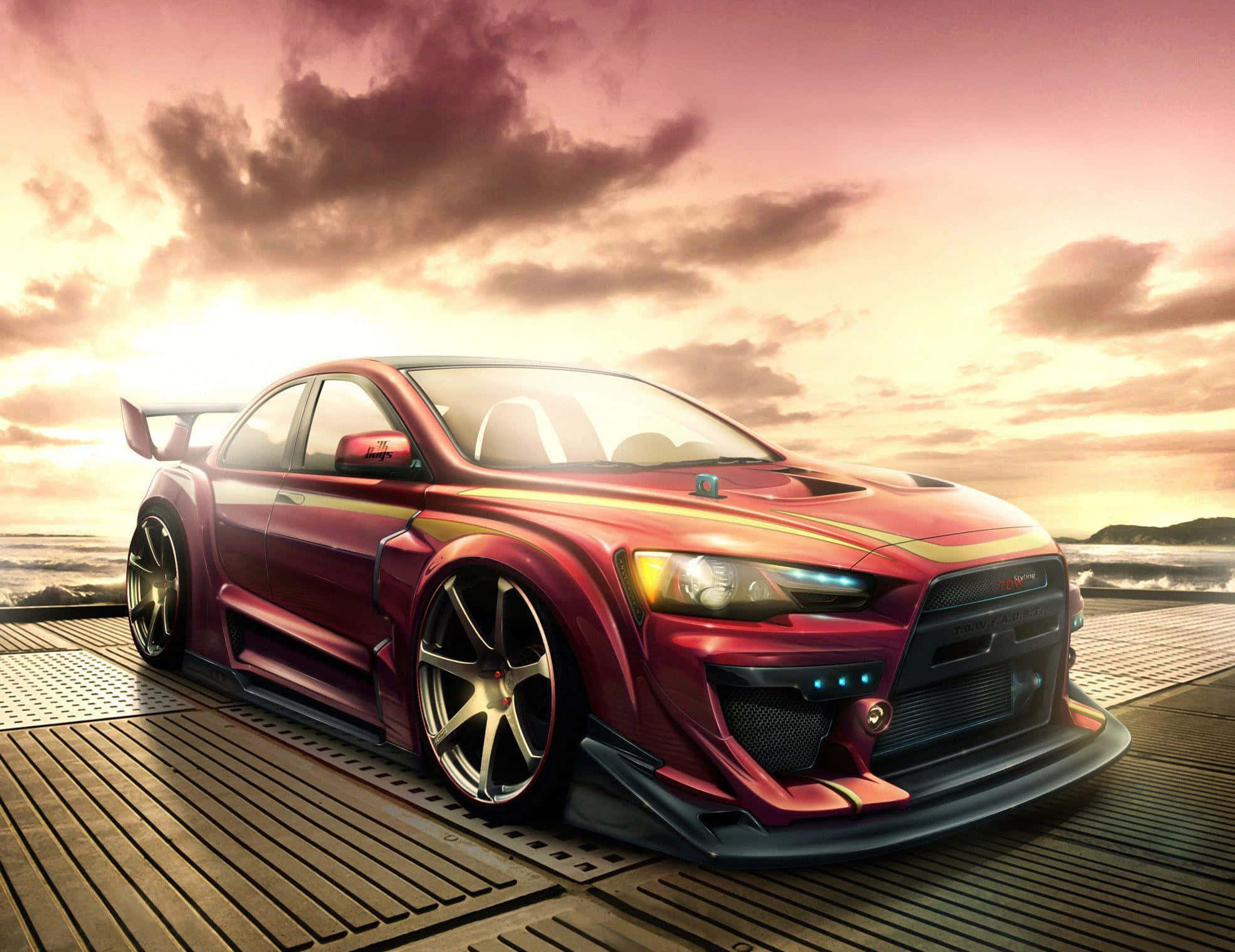 Mitsubishi Lancer Evolution, glossy red, custom wheels, Full HD Desktop Wallpaper