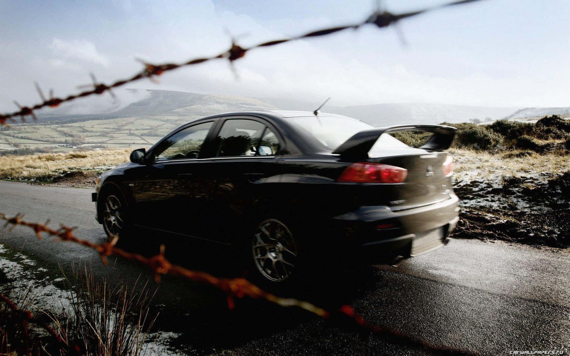 Mitsubishi Lancer Evolution, black sports car, rural road, Full HD Desktop Wallpaper