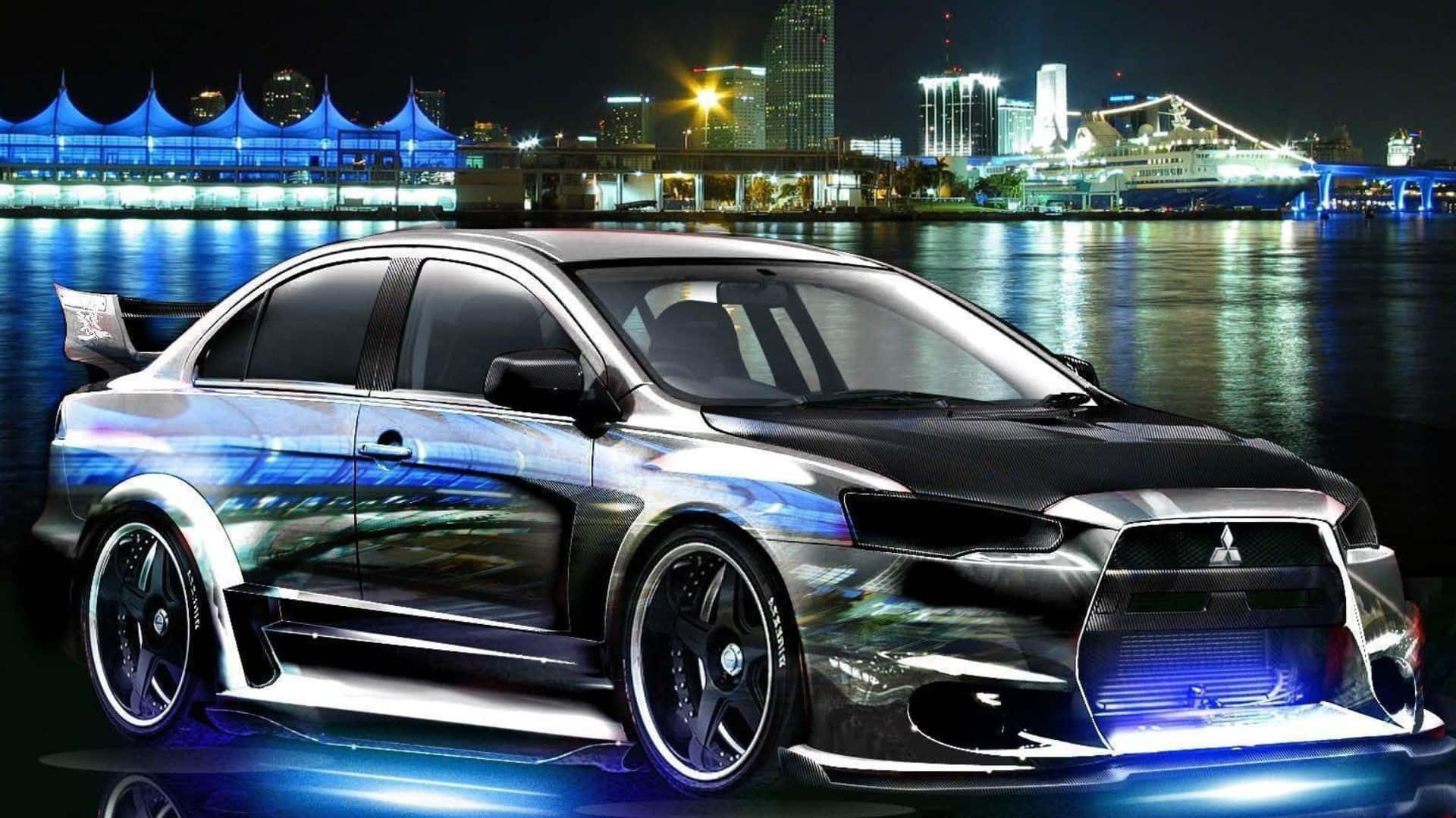 Mitsubishi Lancer Evolution, glowing blue accents, water reflection, Full HD Desktop Wallpaper