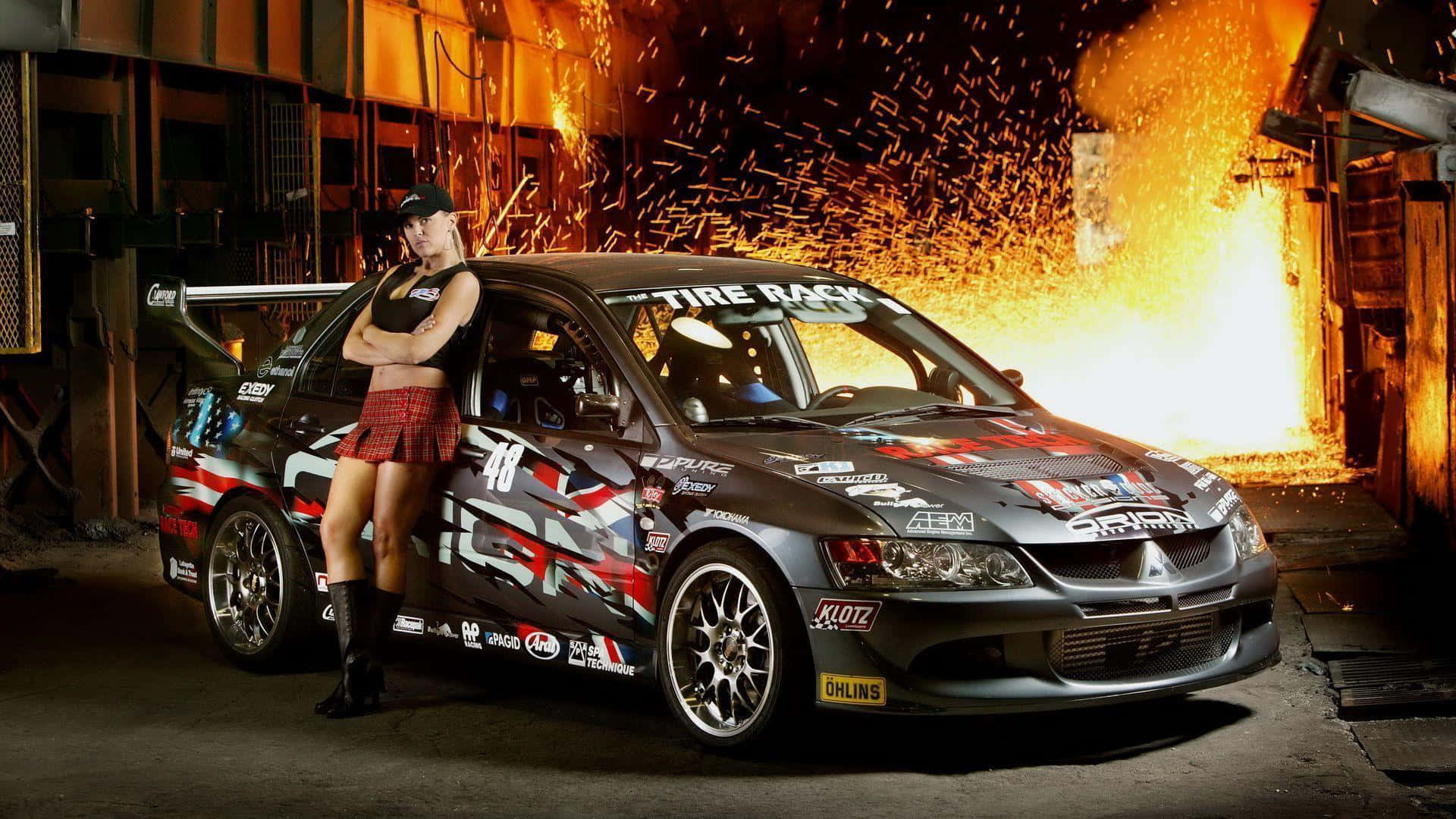 Mitsubishi Lancer Evolution, black race car, sparks, Full HD Desktop Wallpaper
