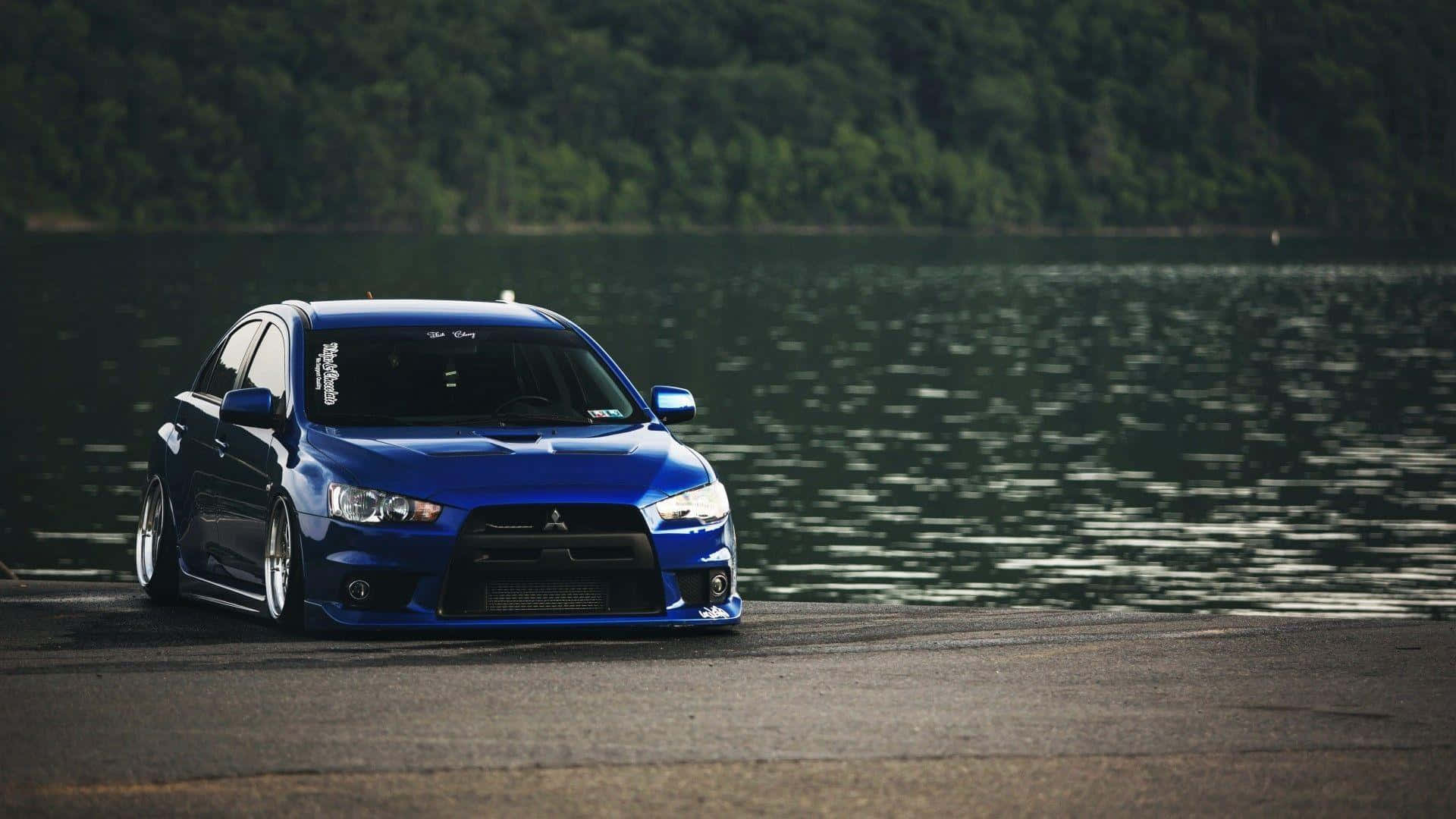 Mitsubishi Lancer Evolution, glossy blue, calm lake, Full HD Desktop Wallpaper