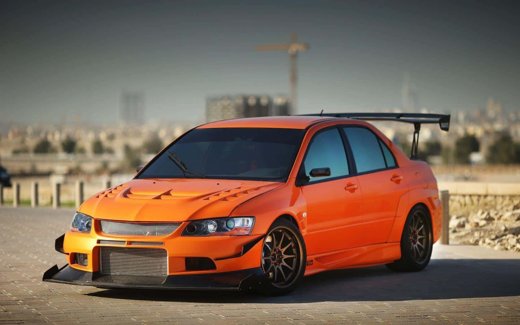 Mitsubishi Lancer Evolution, vibrant orange, large rear wing, HD Desktop Wallpaper