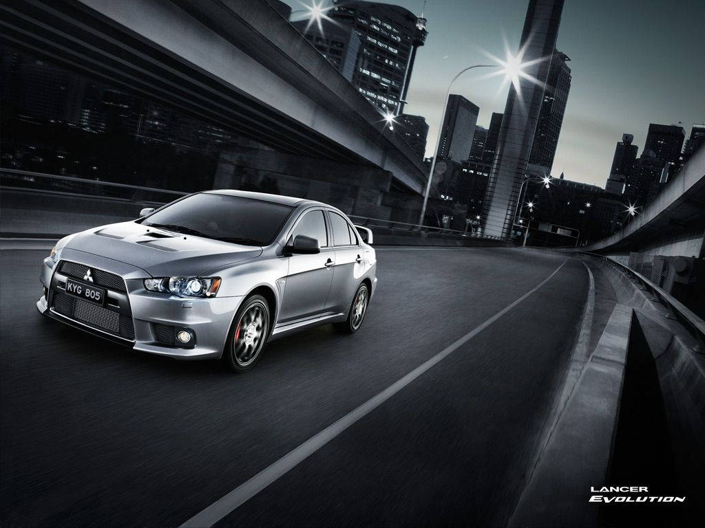 silver, Mitsubishi Lancer Evolution, wet urban highway, SD Desktop Wallpaper