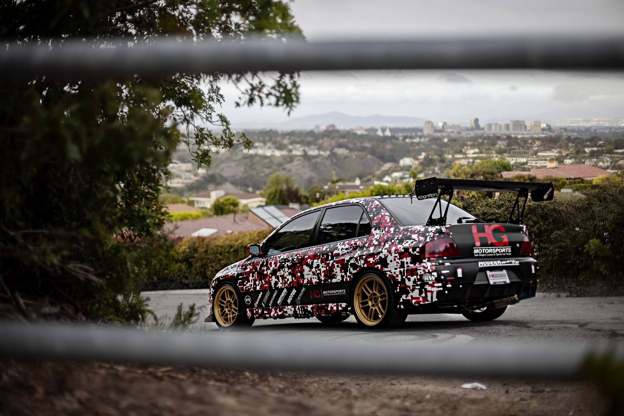 Mitsubishi Lancer, camo-patterned, gold rims, Full HD Desktop Wallpaper