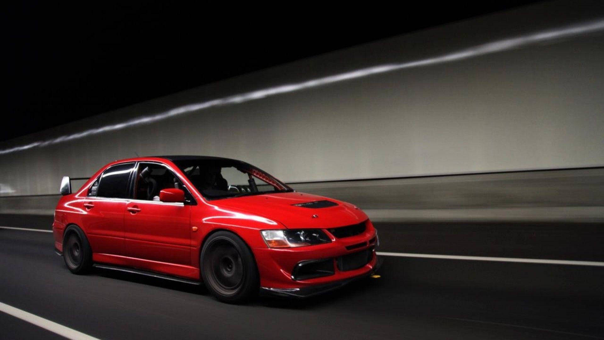 Red Mitsubishi Lancer, sports car, dimly lit tunnel, Full HD Desktop Wallpaper